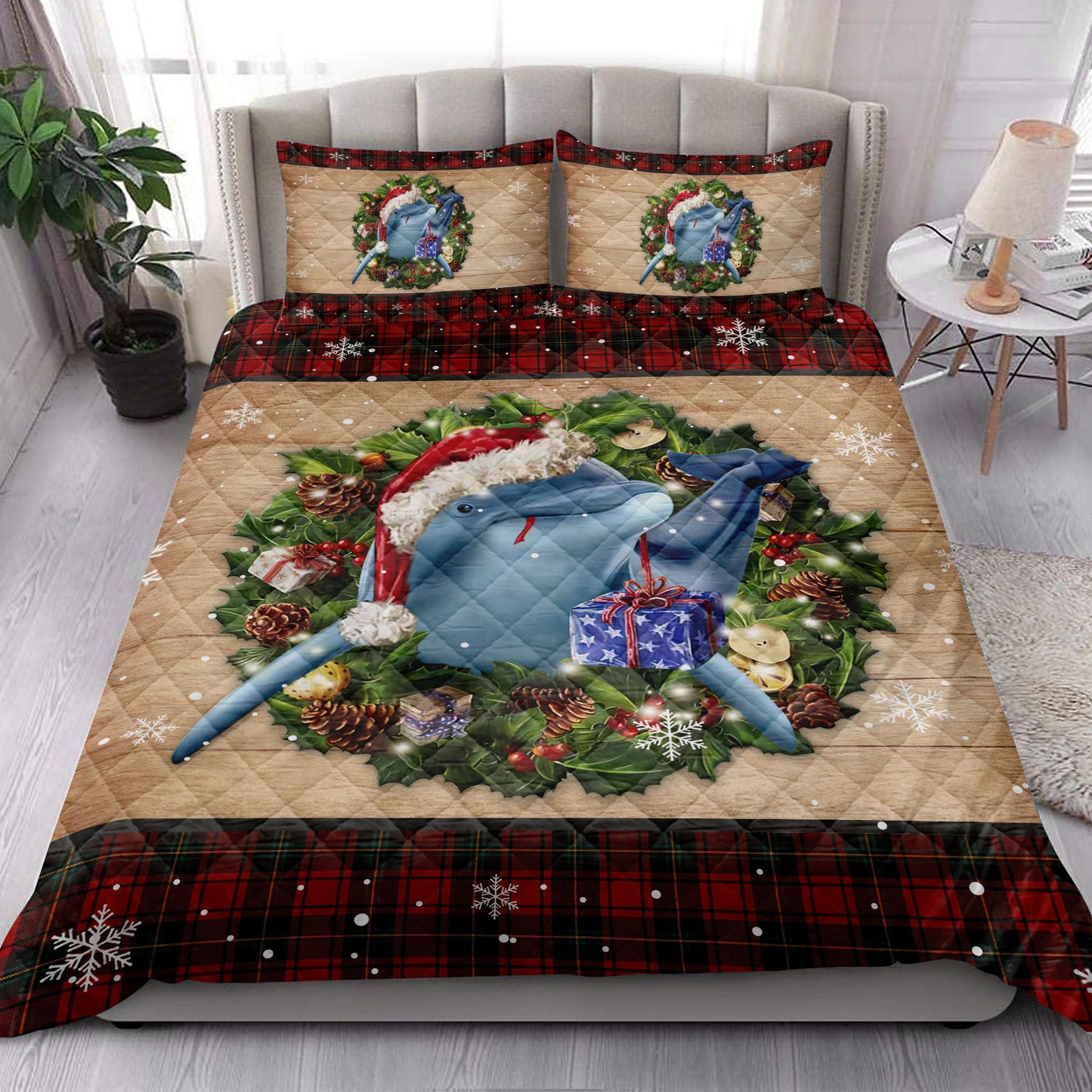 Dolphin Quilt Set, Dolphin Wearing Wreath Amas Hat Buffalo Plaid Holiday Quilt Blanket With Pillowcases, Quilt Bedding Set, Christmas Gift