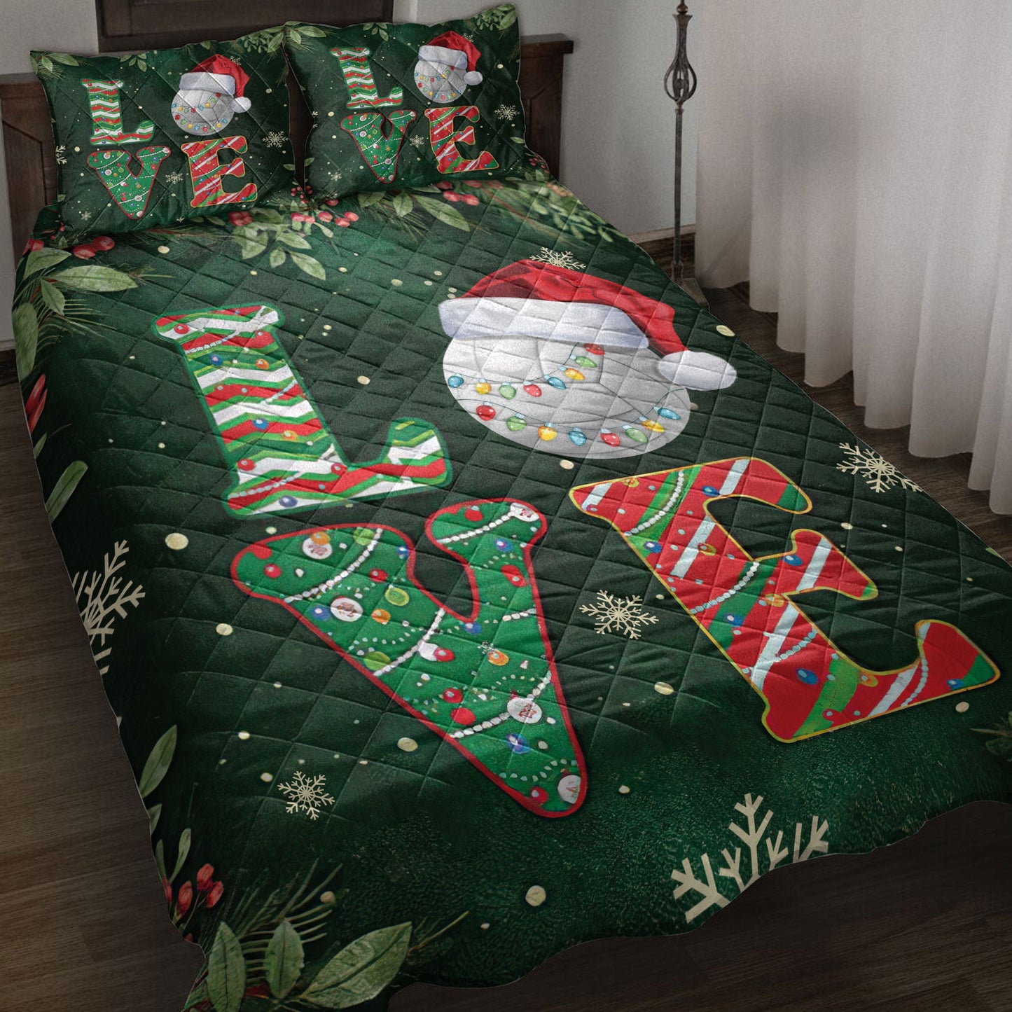 Volleyball Quilt Set, Love Volleyball Withmas Hat Holly Berry Snowflake Holiday Quilt Blanket With Pillowcases, Quilt Bedding Set, Christmas Gift