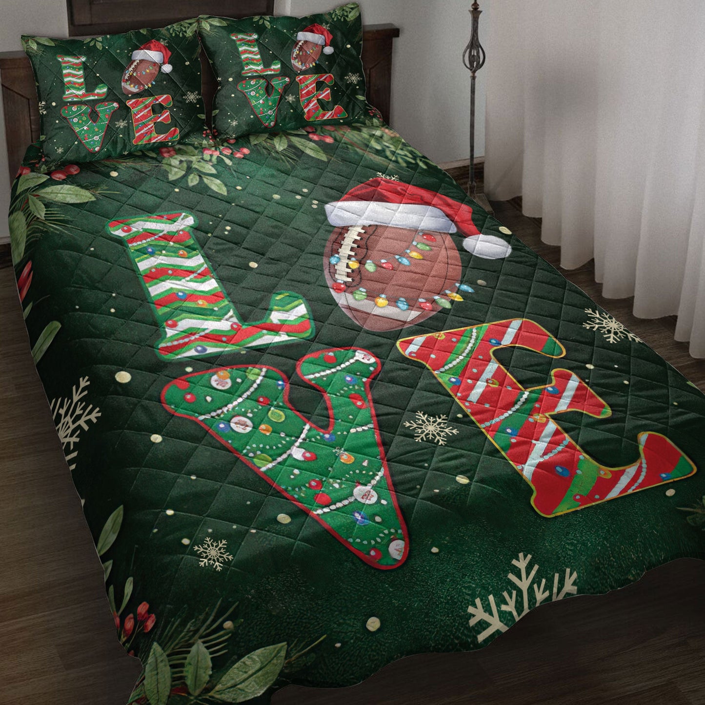 Football Quilt Set, Love Football Withmas Hat Holly Berry Snowflake Xmas Holiday Quilt Blanket With Pillowcases, Quilt Bedding Set, Christmas Gift