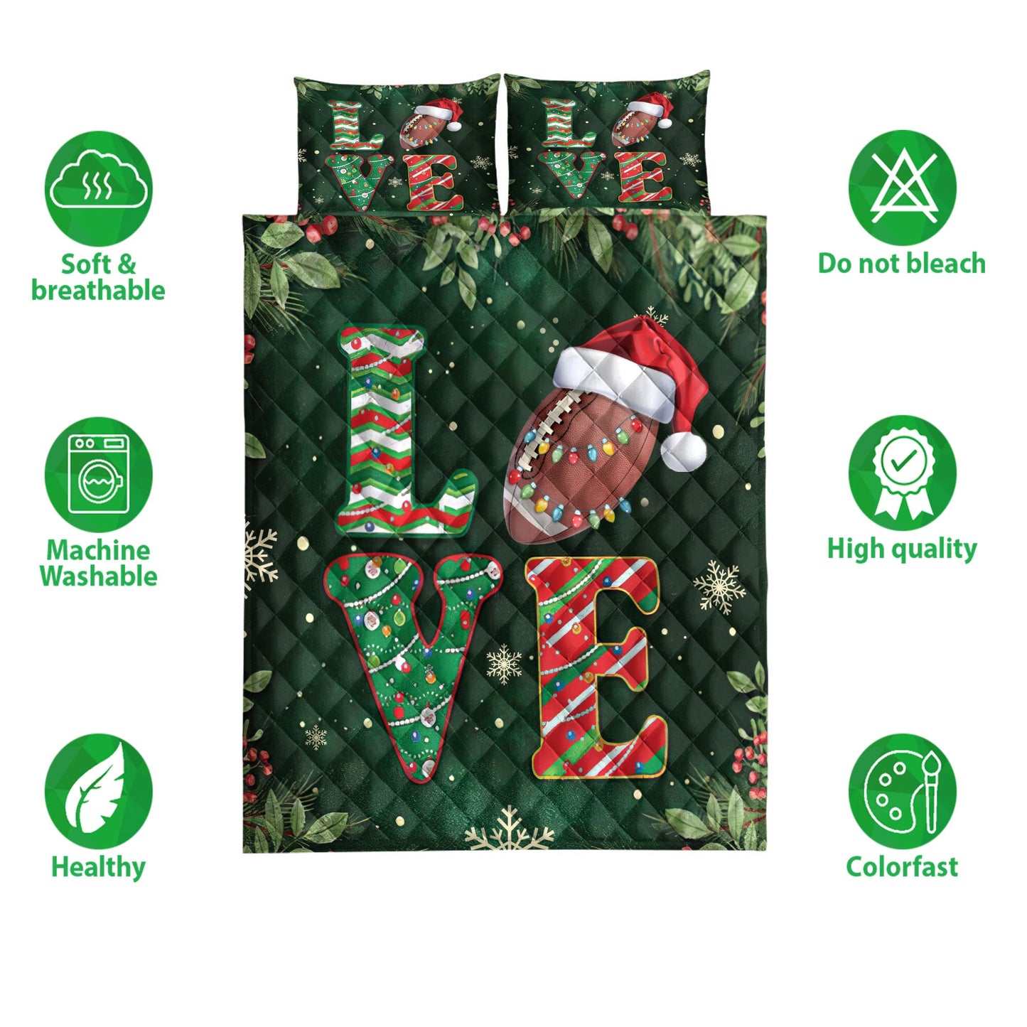 Football Quilt Set, Love Football Withmas Hat Holly Berry Snowflake Xmas Holiday Quilt Blanket With Pillowcases, Quilt Bedding Set, Christmas Gift