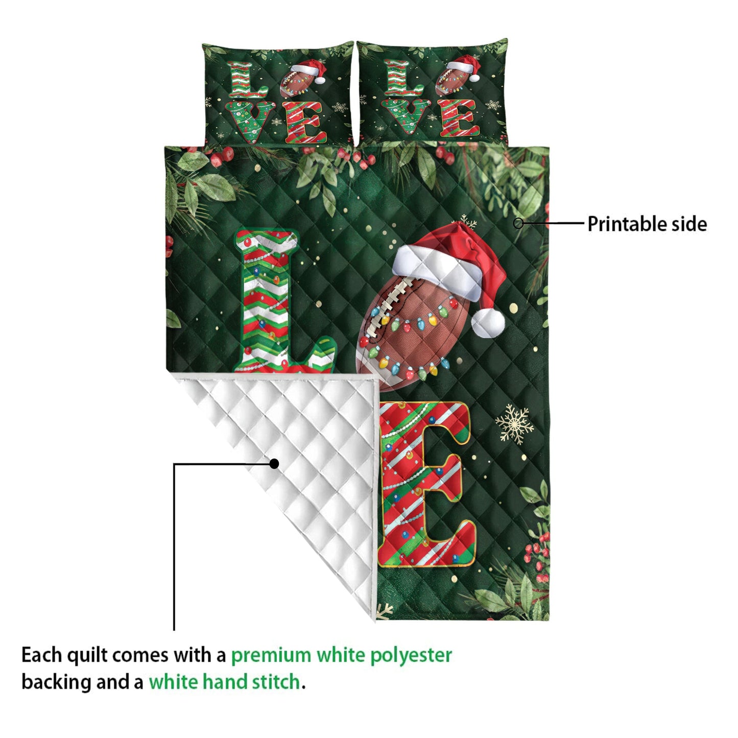 Football Quilt Set, Love Football Withmas Hat Holly Berry Snowflake Xmas Holiday Quilt Blanket With Pillowcases, Quilt Bedding Set, Christmas Gift