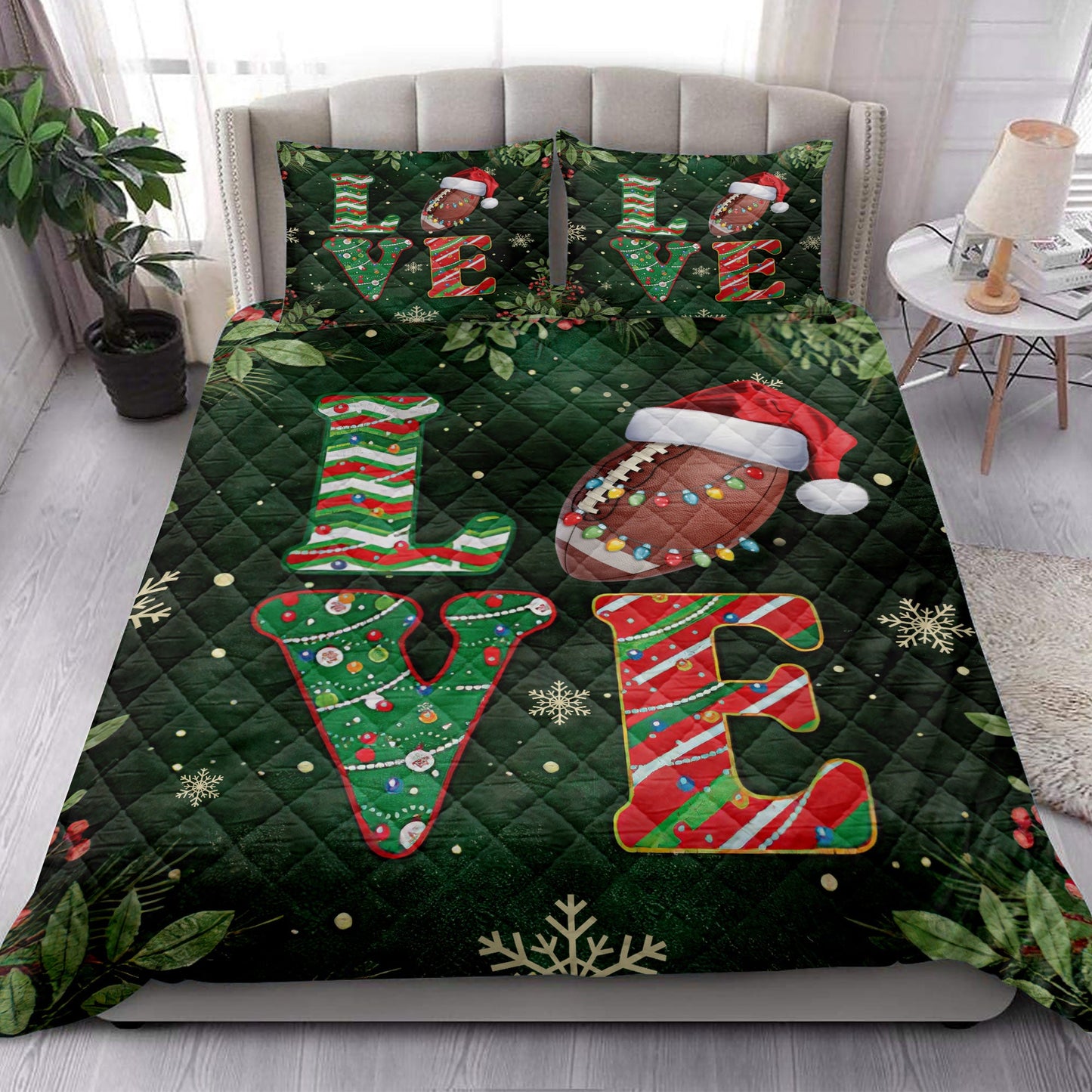 Football Quilt Set, Love Football Withmas Hat Holly Berry Snowflake Xmas Holiday Quilt Blanket With Pillowcases, Quilt Bedding Set, Christmas Gift