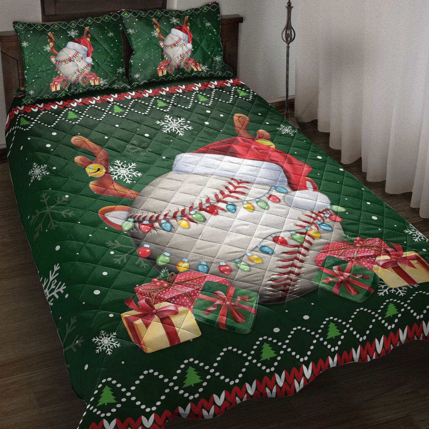 Baseball Quilt Set, Baseballmas Hat Snowflake Reindeer Horn Box Ugly Quilt Blanket With Pillowcases, Quilt Bedding Set, Christmas Gift, Sports Gifts
