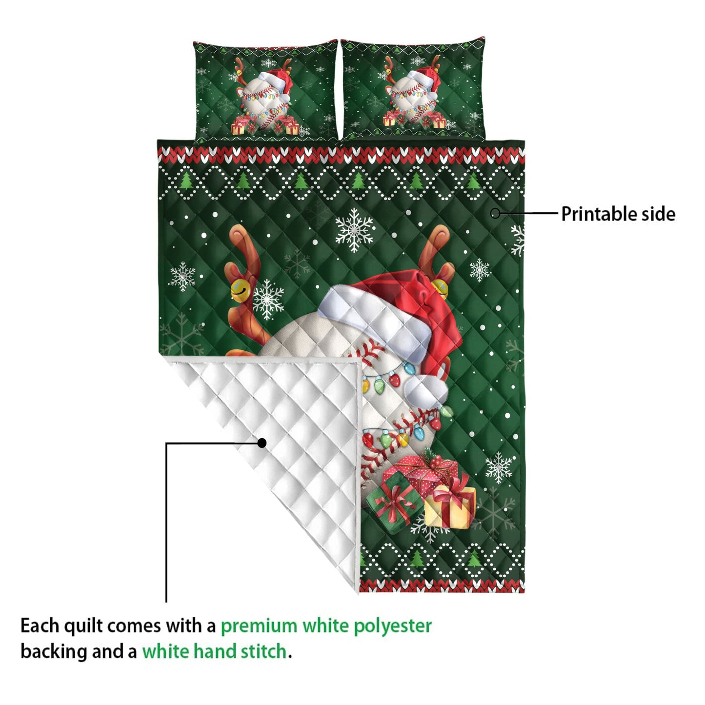 Baseball Quilt Set, Baseballmas Hat Snowflake Reindeer Horn Box Ugly Quilt Blanket With Pillowcases, Quilt Bedding Set, Christmas Gift, Sports Gifts