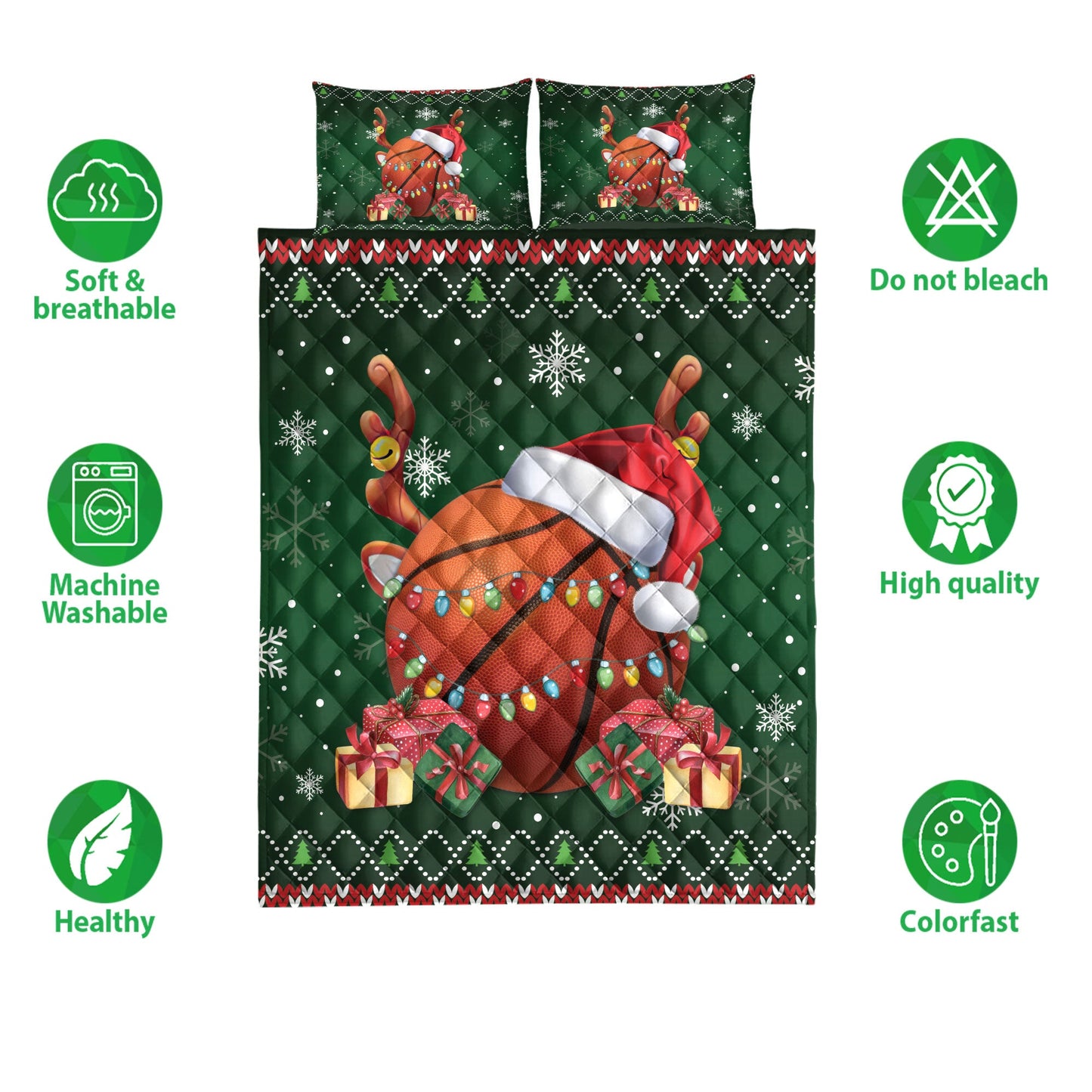 Basketball Quilt Set, Basketballmas Hat Snowflake Reindeer Horn Box Ugly Quilt Blanket With Pillowcases, Quilt Bedding Set, Christmas Gift