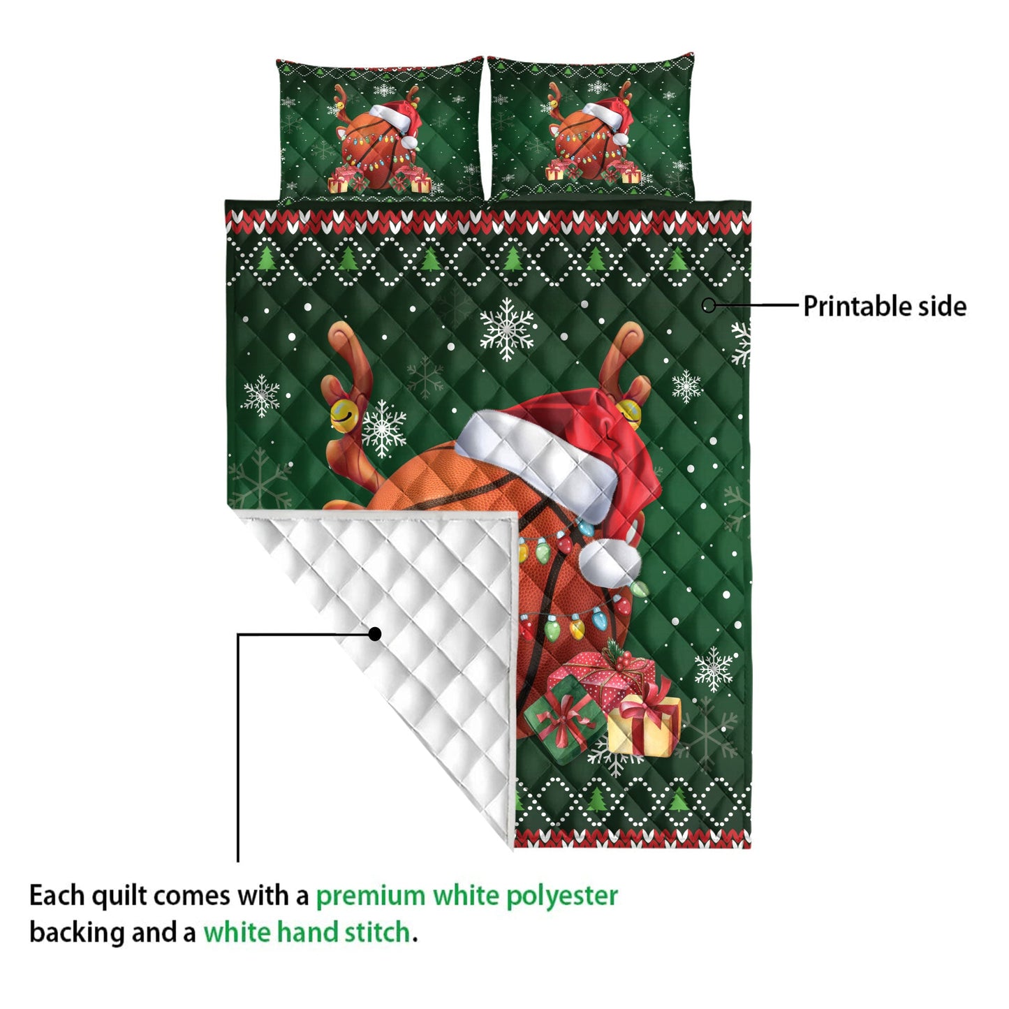 Basketball Quilt Set, Basketballmas Hat Snowflake Reindeer Horn Box Ugly Quilt Blanket With Pillowcases, Quilt Bedding Set, Christmas Gift