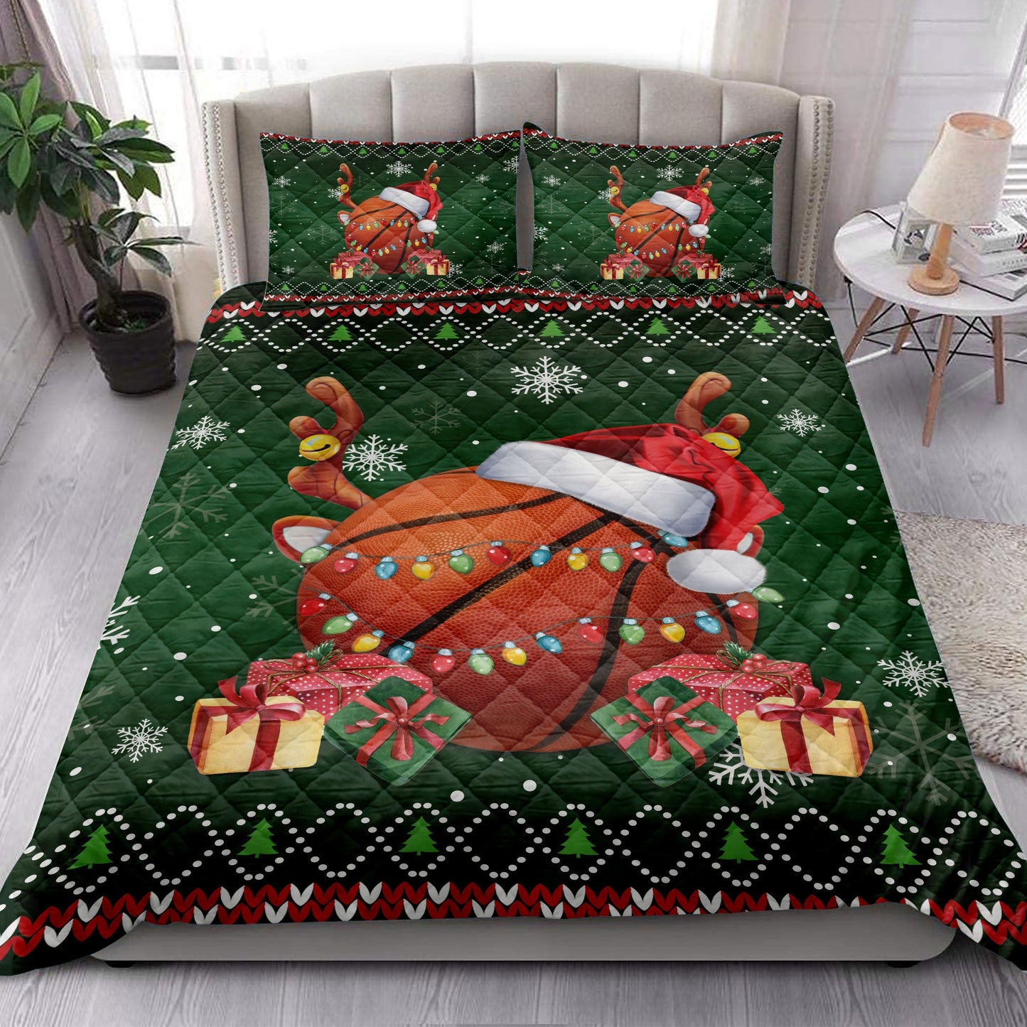 Basketball Quilt Set, Basketballmas Hat Snowflake Reindeer Horn Box Ugly Quilt Blanket With Pillowcases, Quilt Bedding Set, Christmas Gift