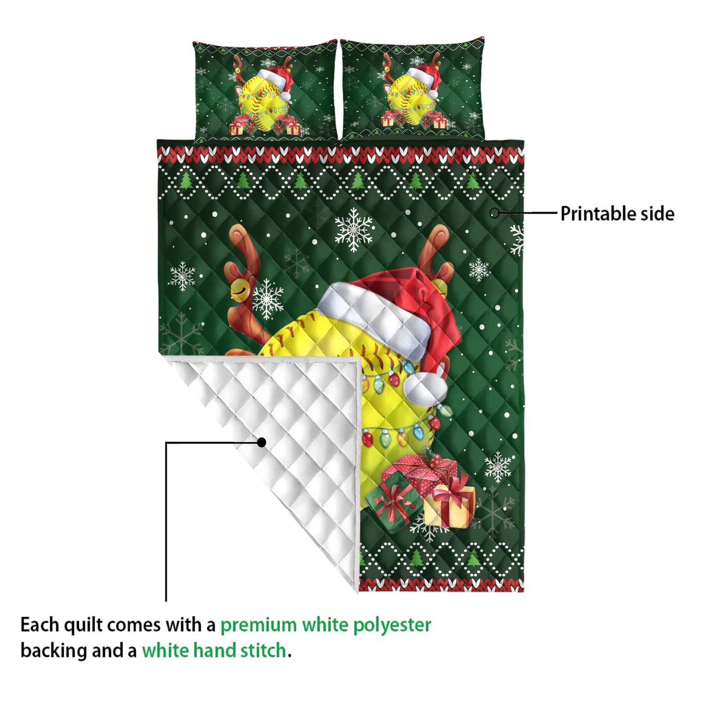 Softball Quilt Set, Softballmas Hat Snowflake Reindeer Horn Ugly Quilt Blanket With Pillowcases, Quilt Bedding Set, Christmas Gift