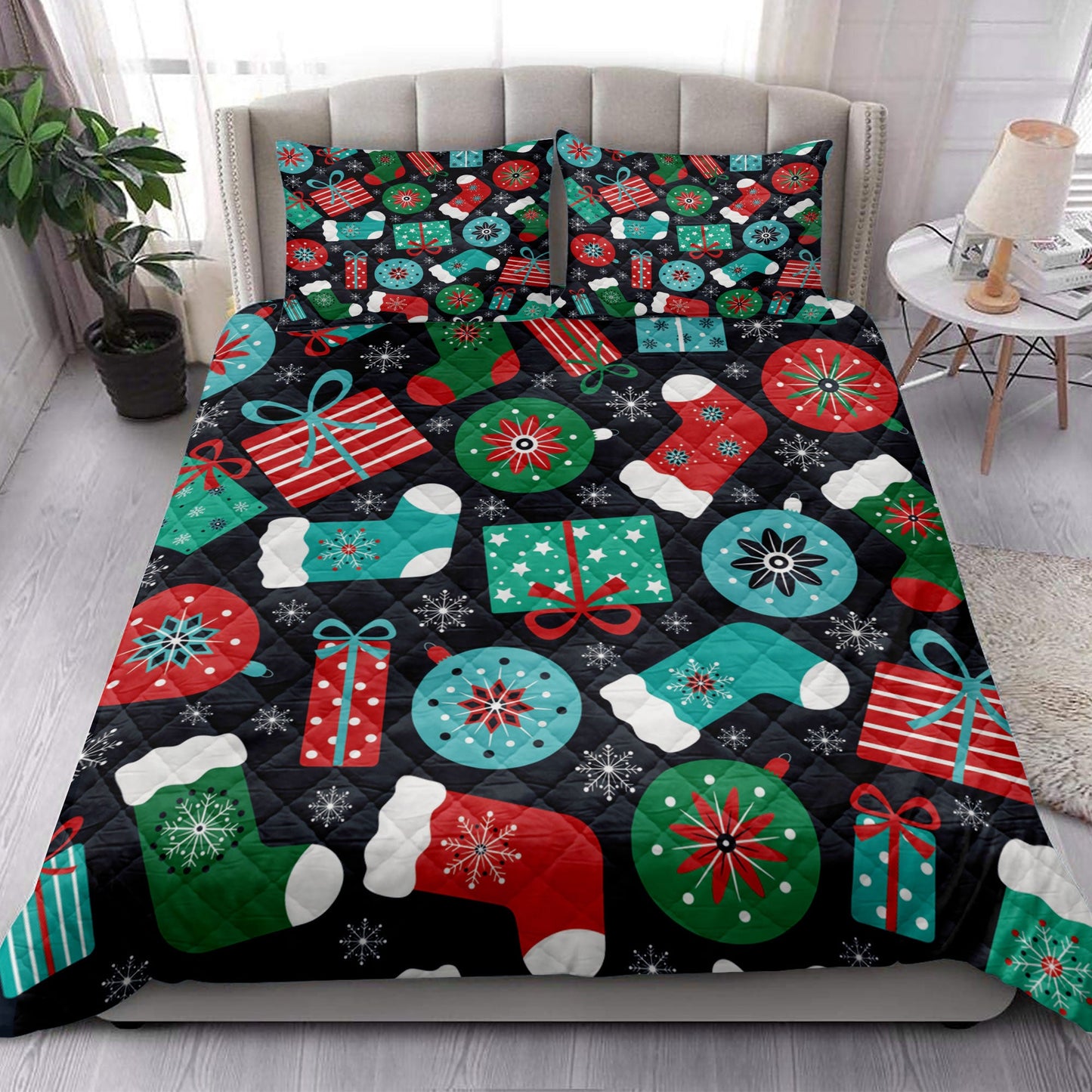 Christmas Quilt Set, Colorful Retromas Presents Stockings Glass Balls Snowflakes Quilt Blanket With Pillowcases, Quilt Bedding Set, Christmas Gift