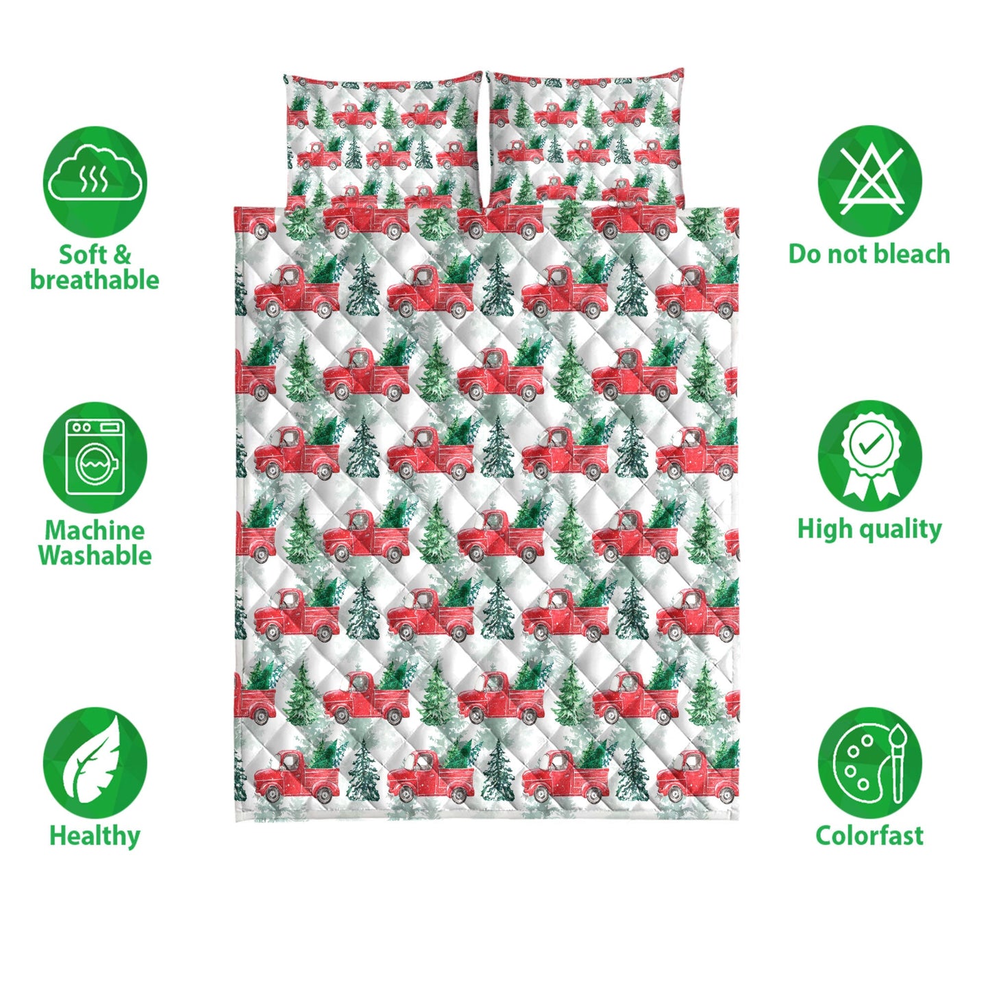 Christmas Quilt Set, Christmas Red Truck Winter Holiday Snow Spruce Pine Tree Quilt Blanket With Pillowcases, Quilt Bedding Set, Christmas Gift