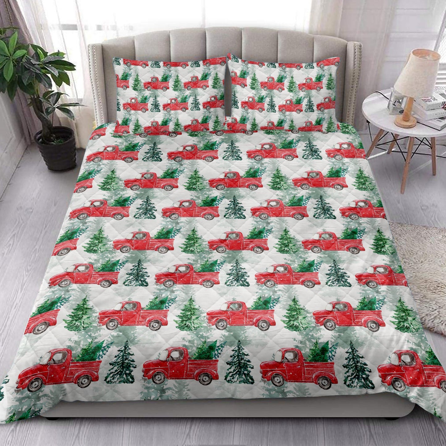 Christmas Quilt Set, Christmas Red Truck Winter Holiday Snow Spruce Pine Tree Quilt Blanket With Pillowcases, Quilt Bedding Set, Christmas Gift