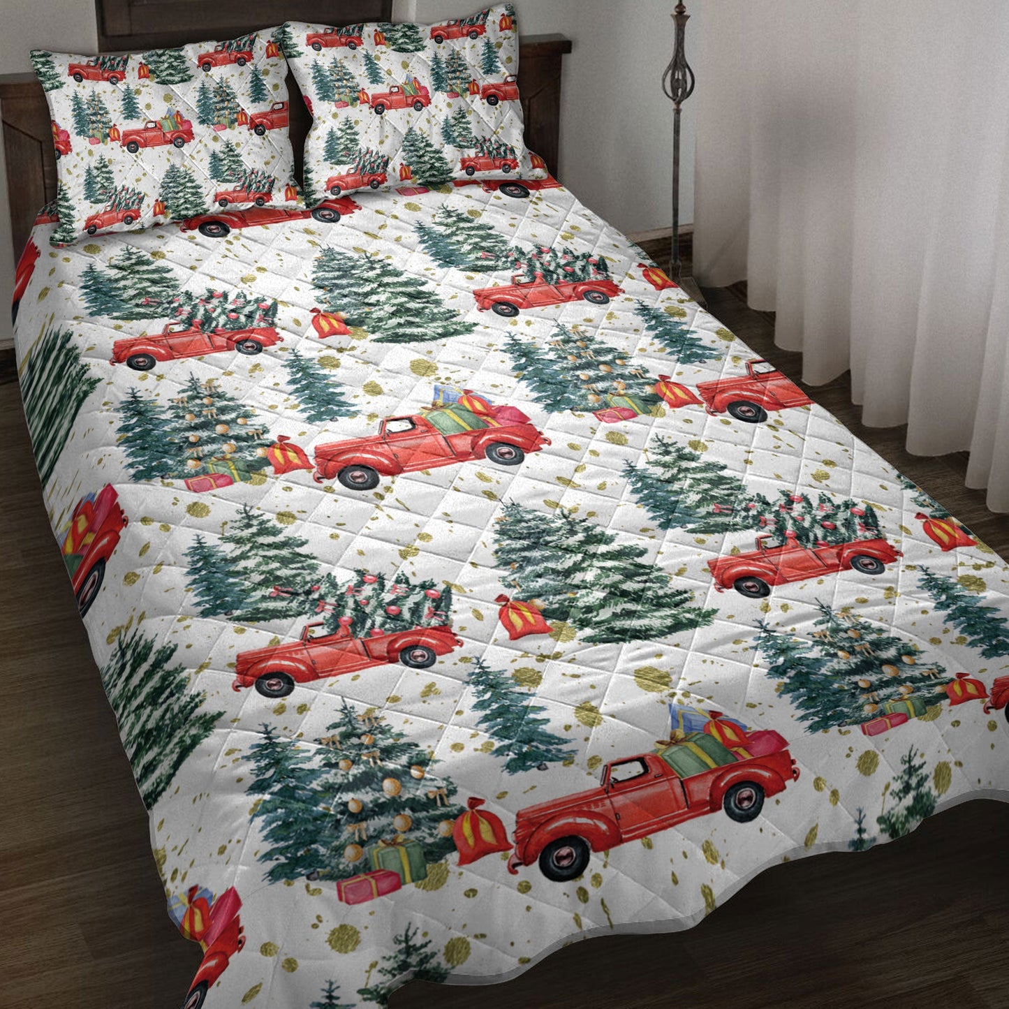 Christmas Quilt Set, Christmas Retro Truck Andmas Tree Winter Holiday Quilt Blanket With Pillowcases, Quilt Bedding Set, Christmas Gift