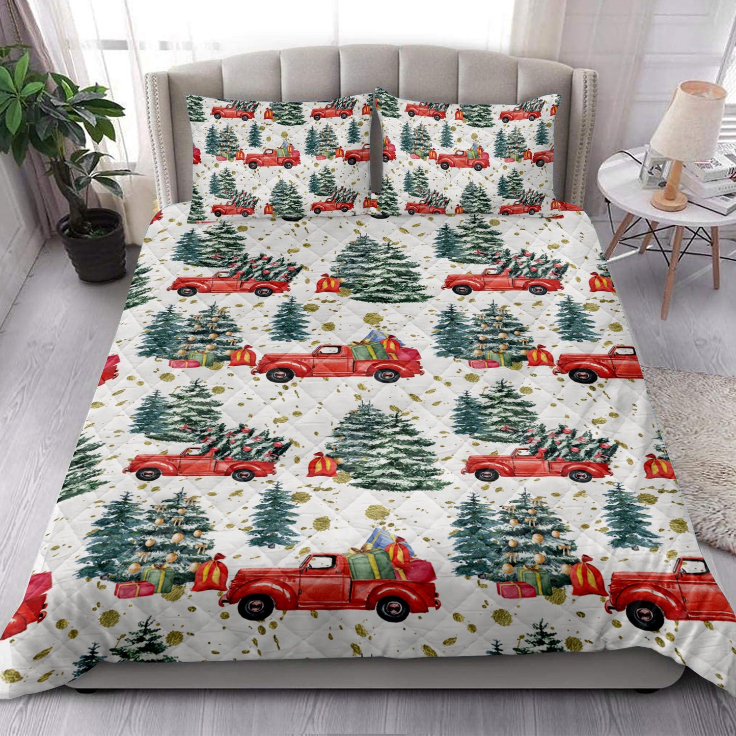 Christmas Quilt Set, Christmas Retro Truck Andmas Tree Winter Holiday Quilt Blanket With Pillowcases, Quilt Bedding Set, Christmas Gift