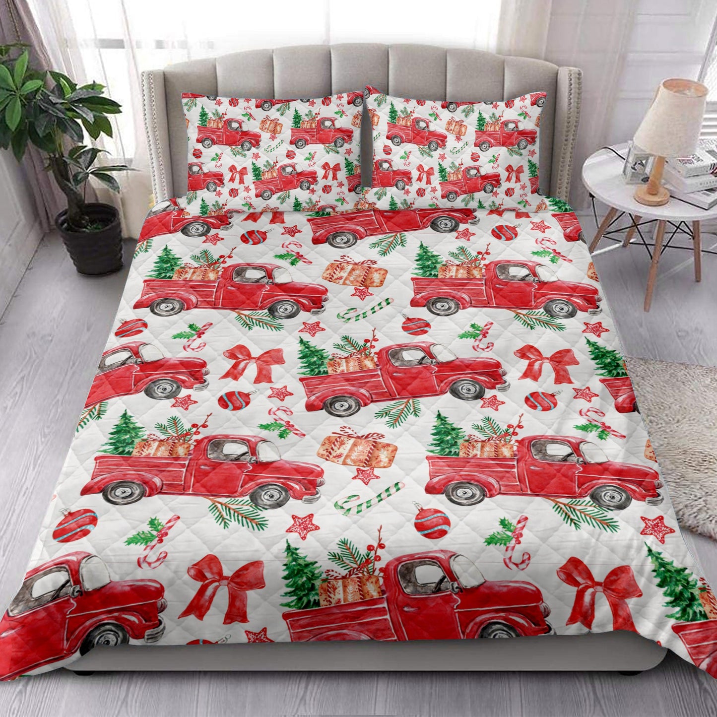 Christmas Quilt Set, Christmas Red Truck Fir Tree Candy Cane Winter Holiday Quilt Blanket With Pillowcases, Quilt Bedding Set, Christmas Gift