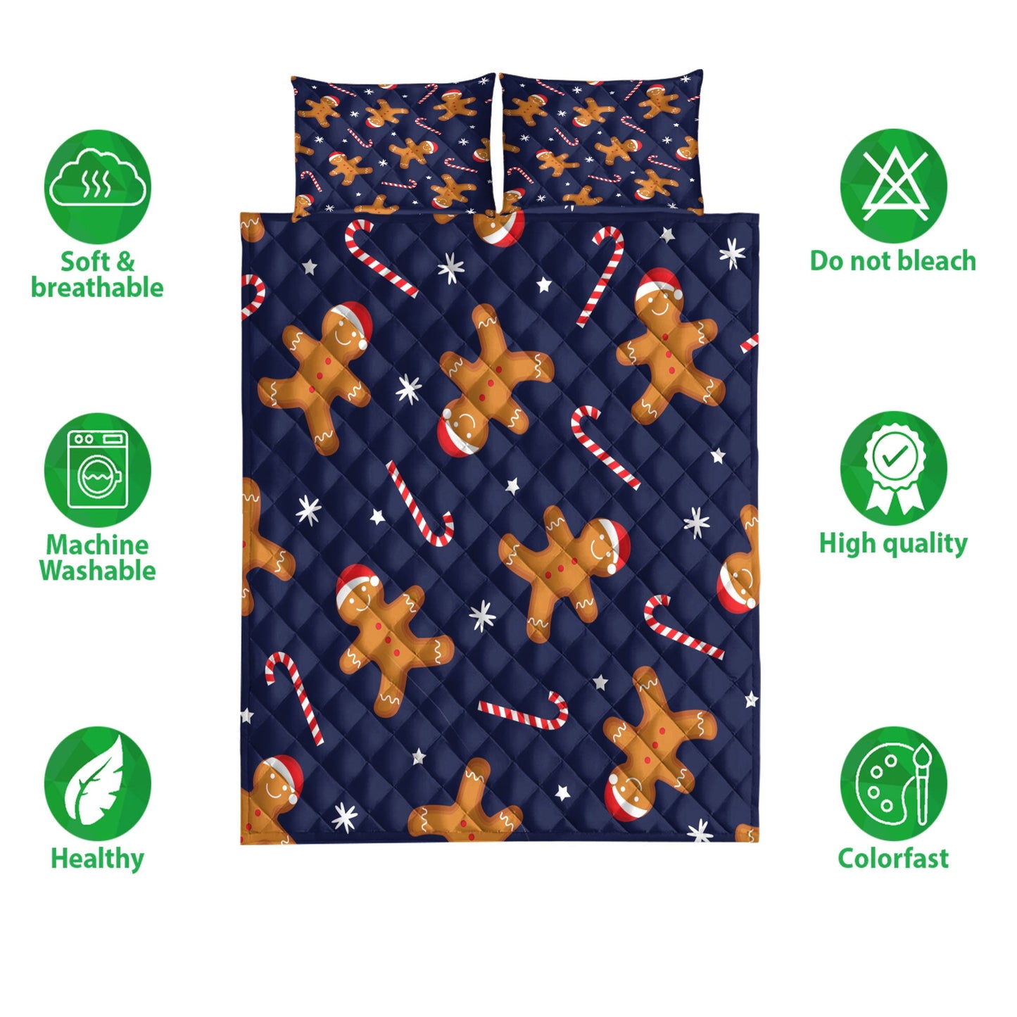 Christmas Quilt Set, Gingerbread Man Xmas Hat Candy Cane Winter Holidaymass Quilt Blanket With Pillowcases, Quilt Bedding Set, Christmas Gift