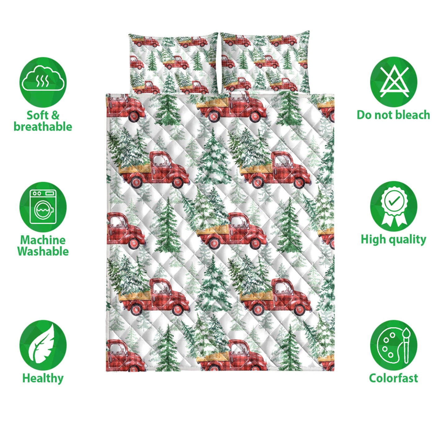 Christmas Quilt Set, Christmas Red Buffalo Plaid Truck Pine Trees Holiday Snowy Tree Quilt Blanket With Pillowcases, Quilt Bedding Set, Christmas Gift