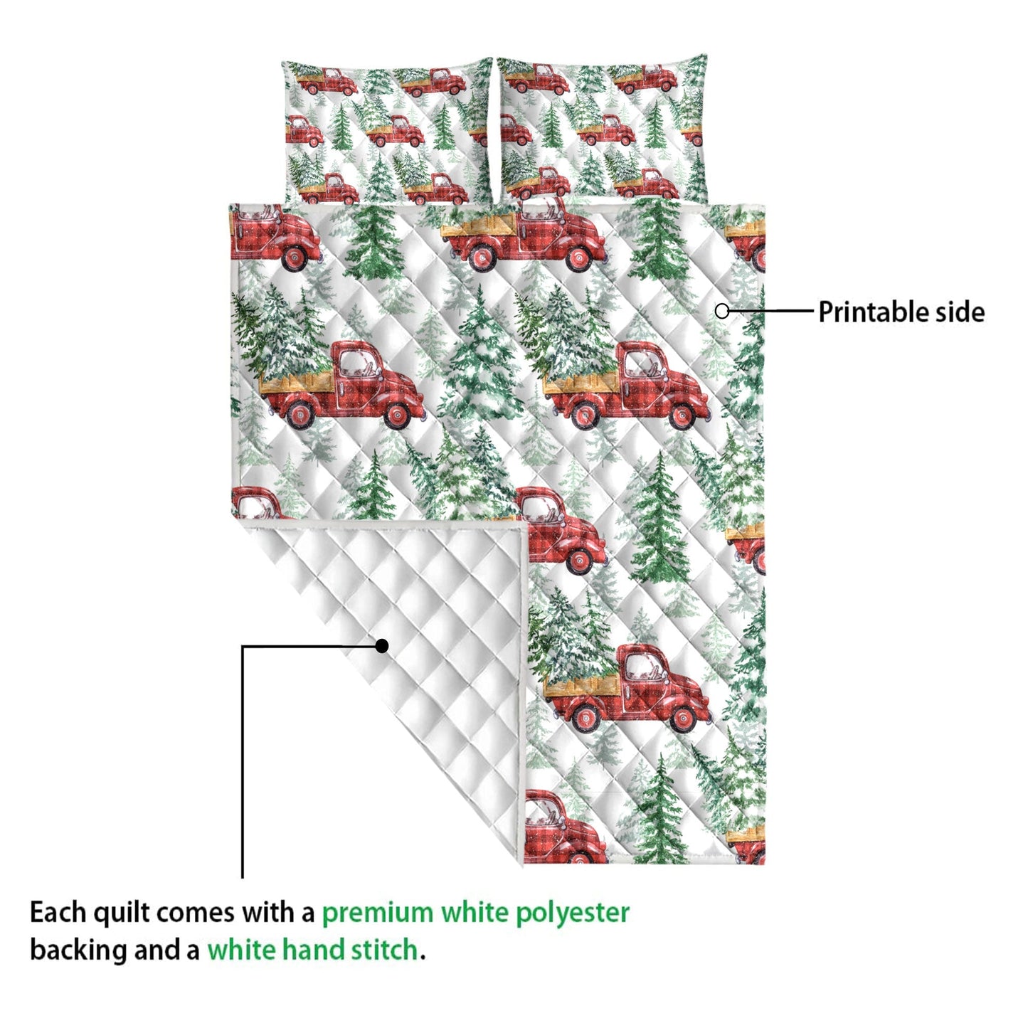Christmas Quilt Set, Christmas Red Buffalo Plaid Truck Pine Trees Holiday Snowy Tree Quilt Blanket With Pillowcases, Quilt Bedding Set, Christmas Gift