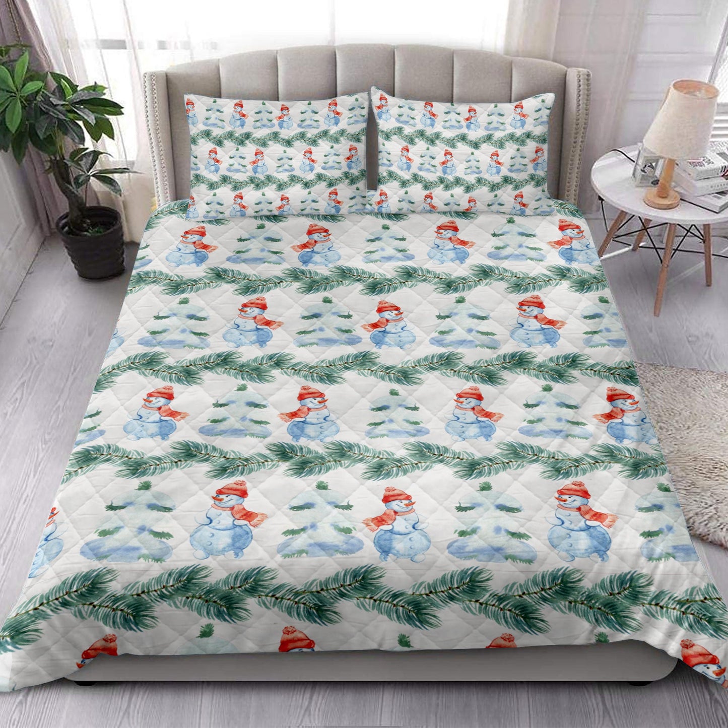 Christmas Quilt Set, Christmas With Snowman And Pine Treemass Quilt Blanket With Pillowcases, Quilt Bedding Set, Christmas Gift