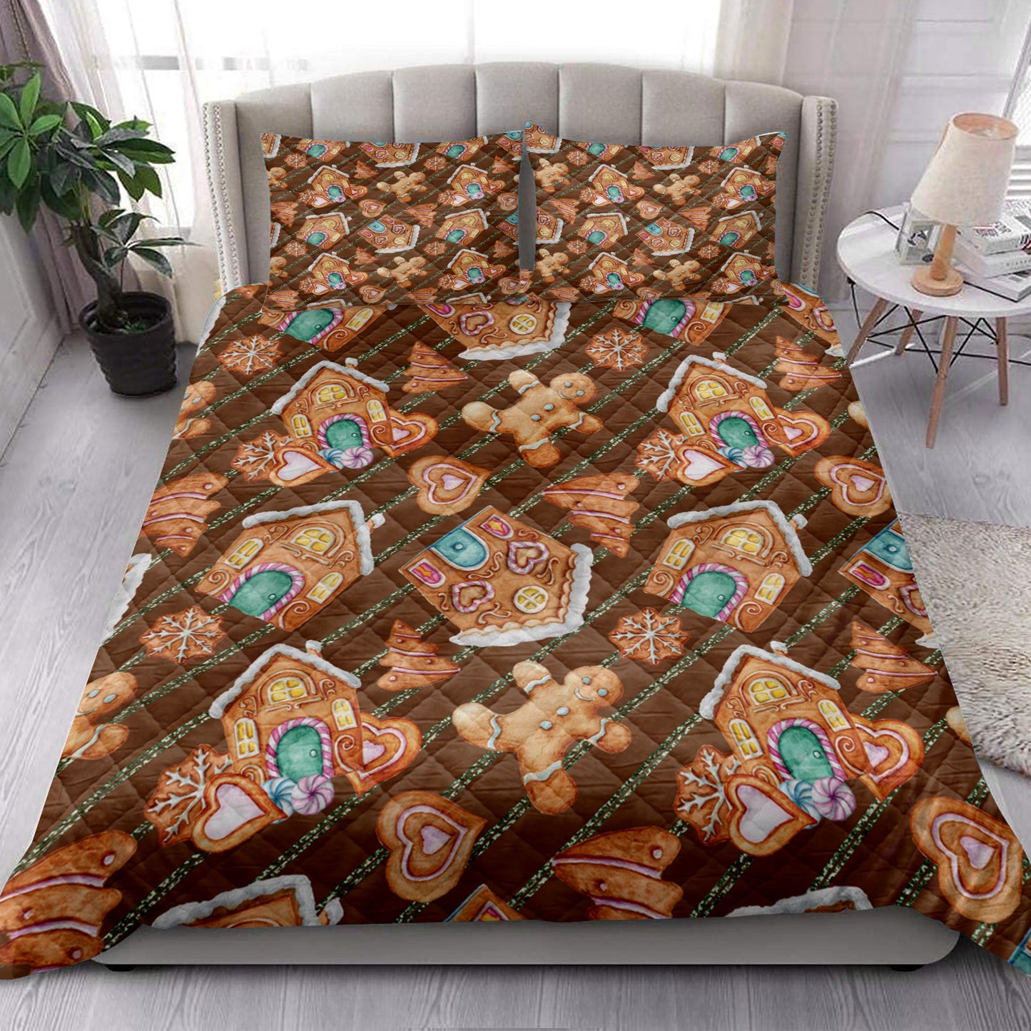 Christmas Quilt Set, Christmas Gingerbread Ho Use Cookies Winter Holiday Quilt Blanket With Pillowcases, Quilt Bedding Set, Christmas Gift