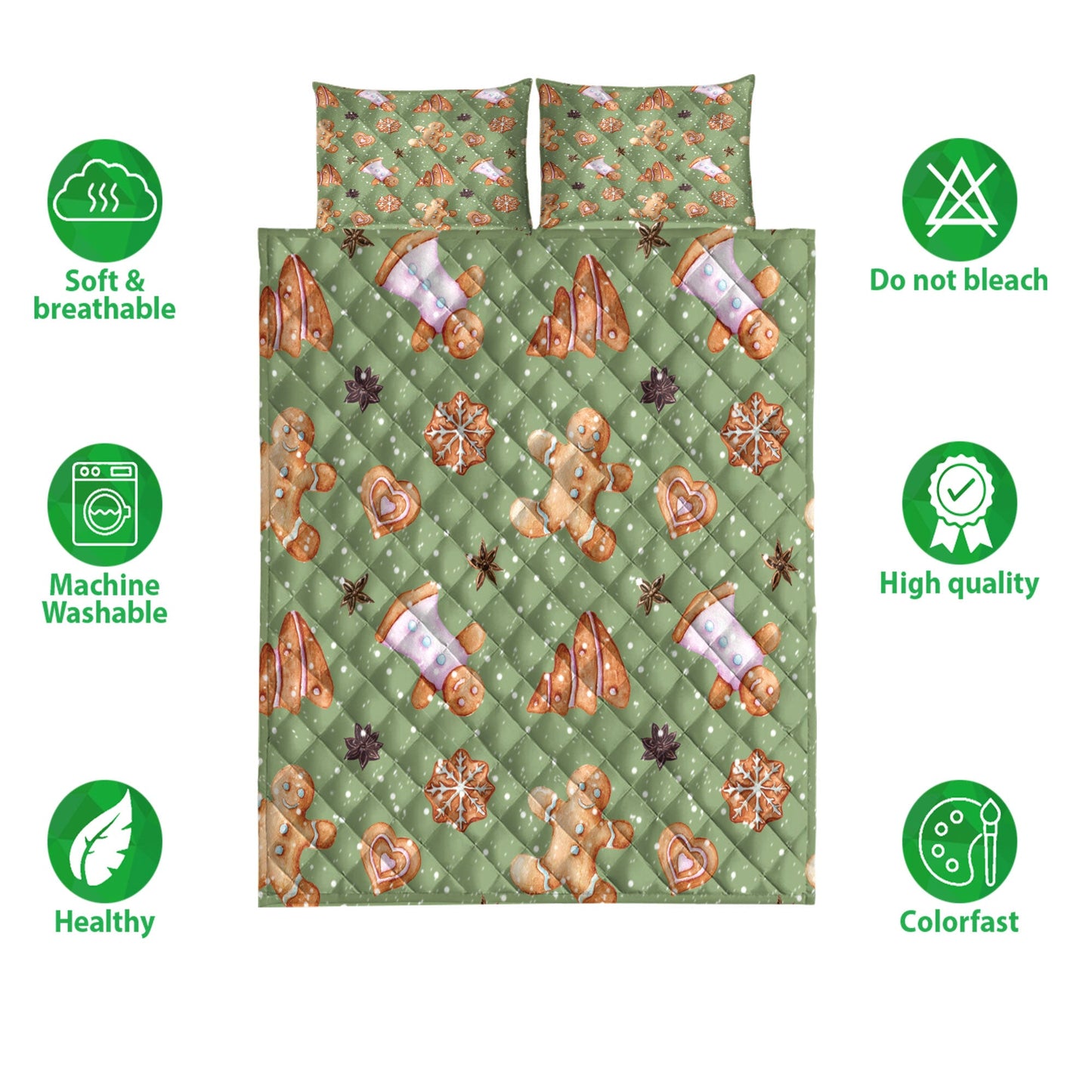 Christmas Quilt Set, Gingerbread Cinnamonmas Greenmass Quilt Blanket With Pillowcases, Quilt Bedding Set, Christmas Gift
