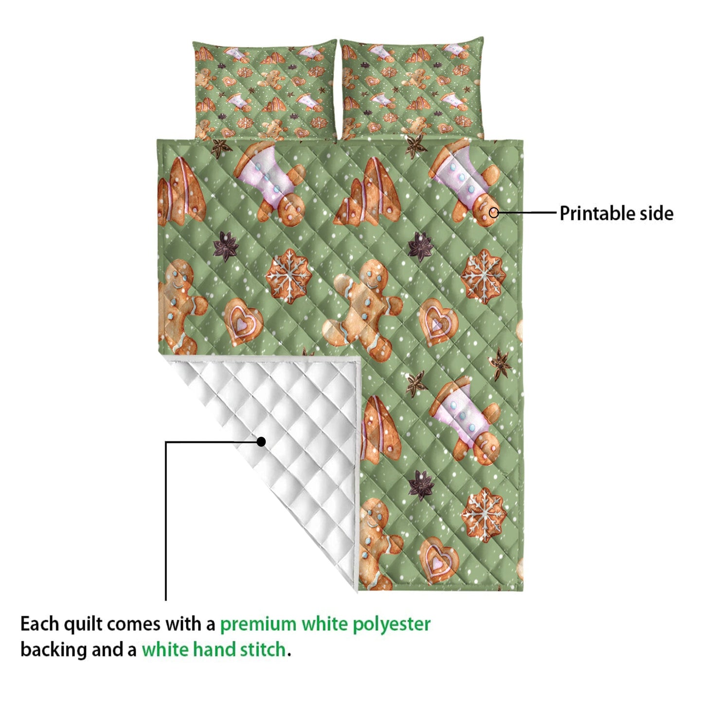 Christmas Quilt Set, Gingerbread Cinnamonmas Greenmass Quilt Blanket With Pillowcases, Quilt Bedding Set, Christmas Gift