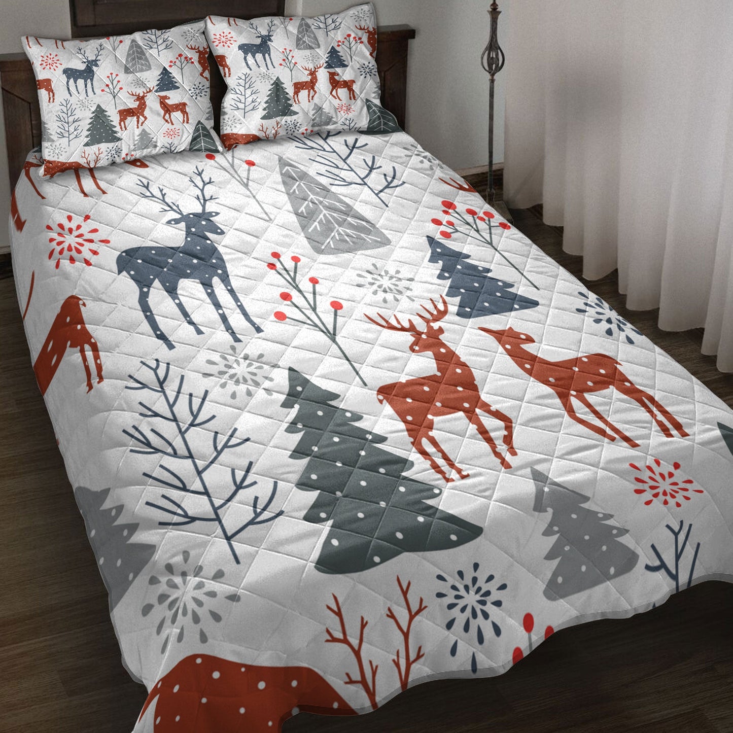 Christmas Quilt Set, Christmas With Trees Spruces Reindeer Winter Holidaymas Quilt Blanket With Pillowcases, Quilt Bedding Set, Christmas Gift