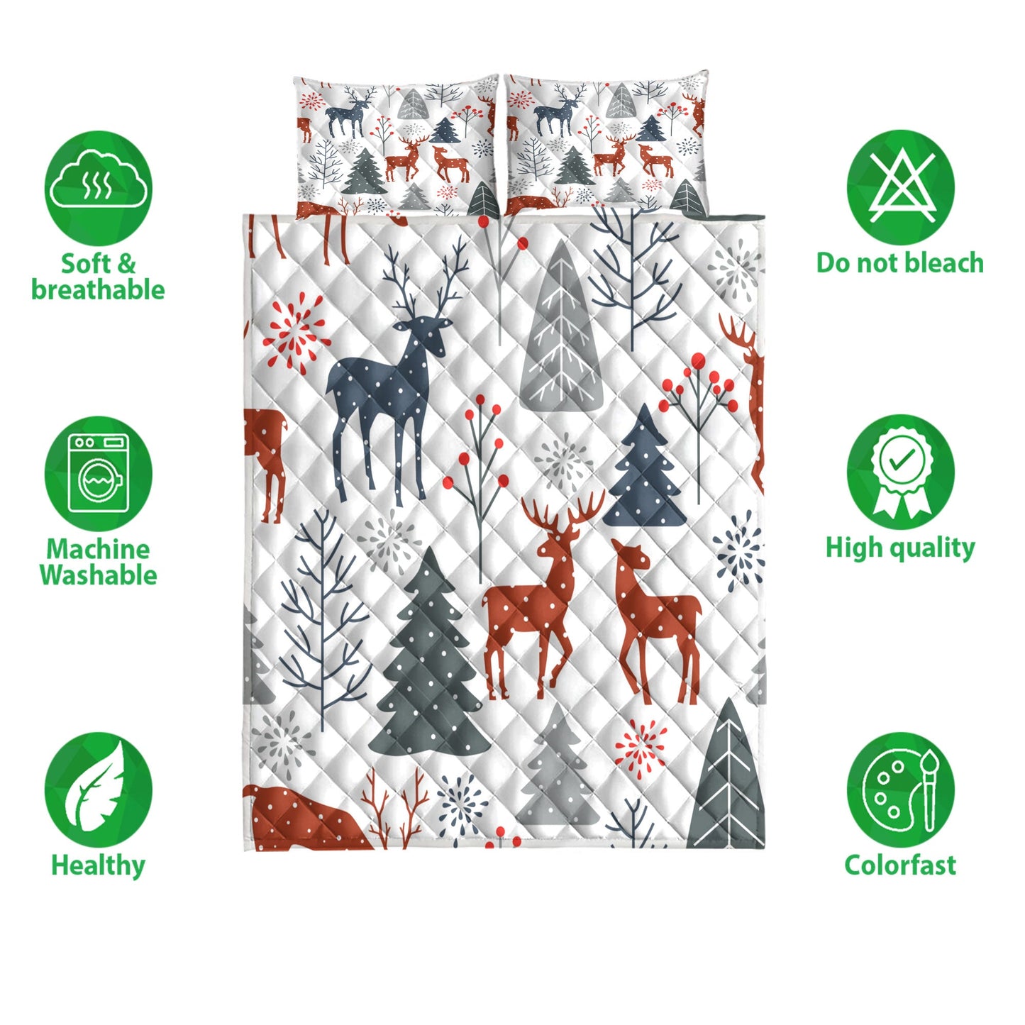 Christmas Quilt Set, Christmas With Trees Spruces Reindeer Winter Holidaymas Quilt Blanket With Pillowcases, Quilt Bedding Set, Christmas Gift