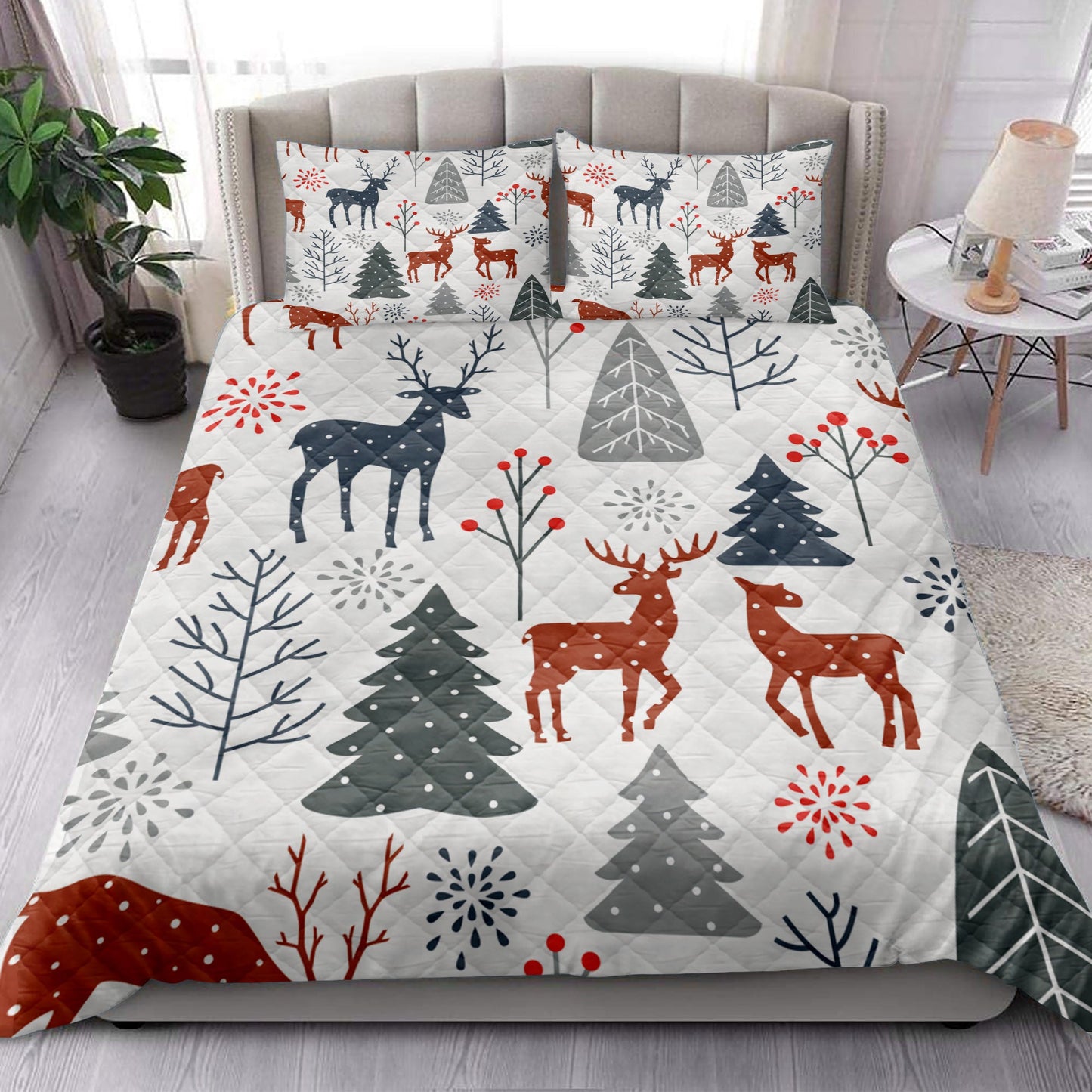 Christmas Quilt Set, Christmas With Trees Spruces Reindeer Winter Holidaymas Quilt Blanket With Pillowcases, Quilt Bedding Set, Christmas Gift