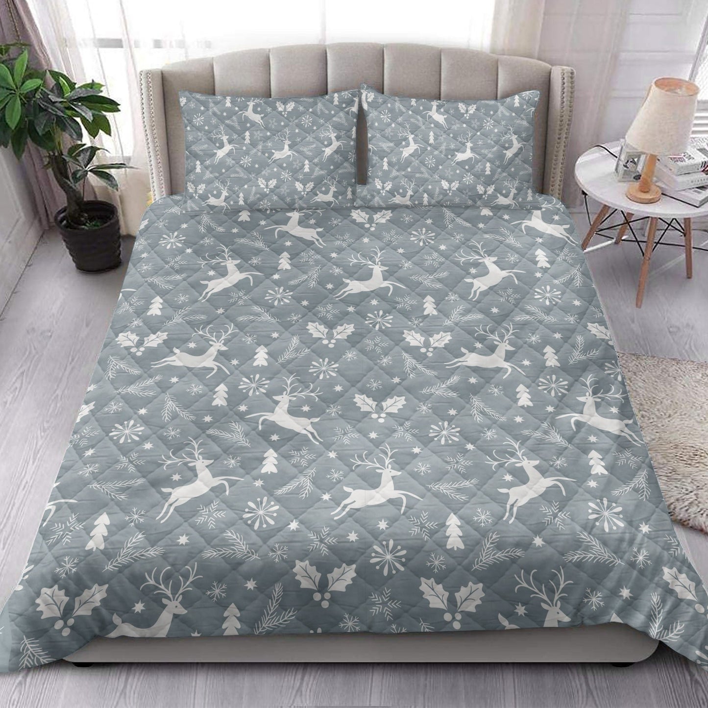 Christmas Quilt Set, Christmas Reindeer Pine Tree Snowflakesmass Quilt Blanket With Pillowcases, Quilt Bedding Set, Christmas Gift