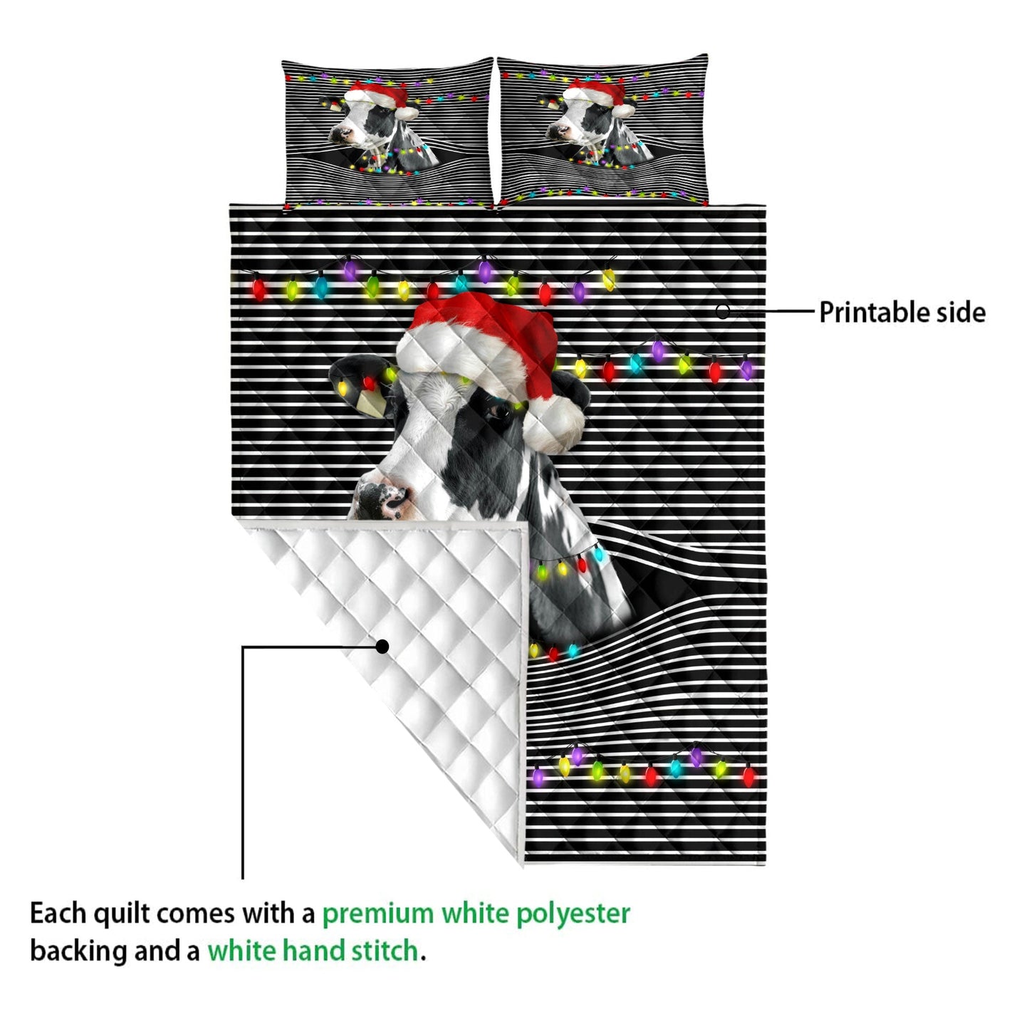 Cow Quilt Set, Funny Cow Withmas Hat String Light Xmas Winter Holiday Quilt Blanket With Pillowcases, Quilt Bedding Set, Christmas Gift