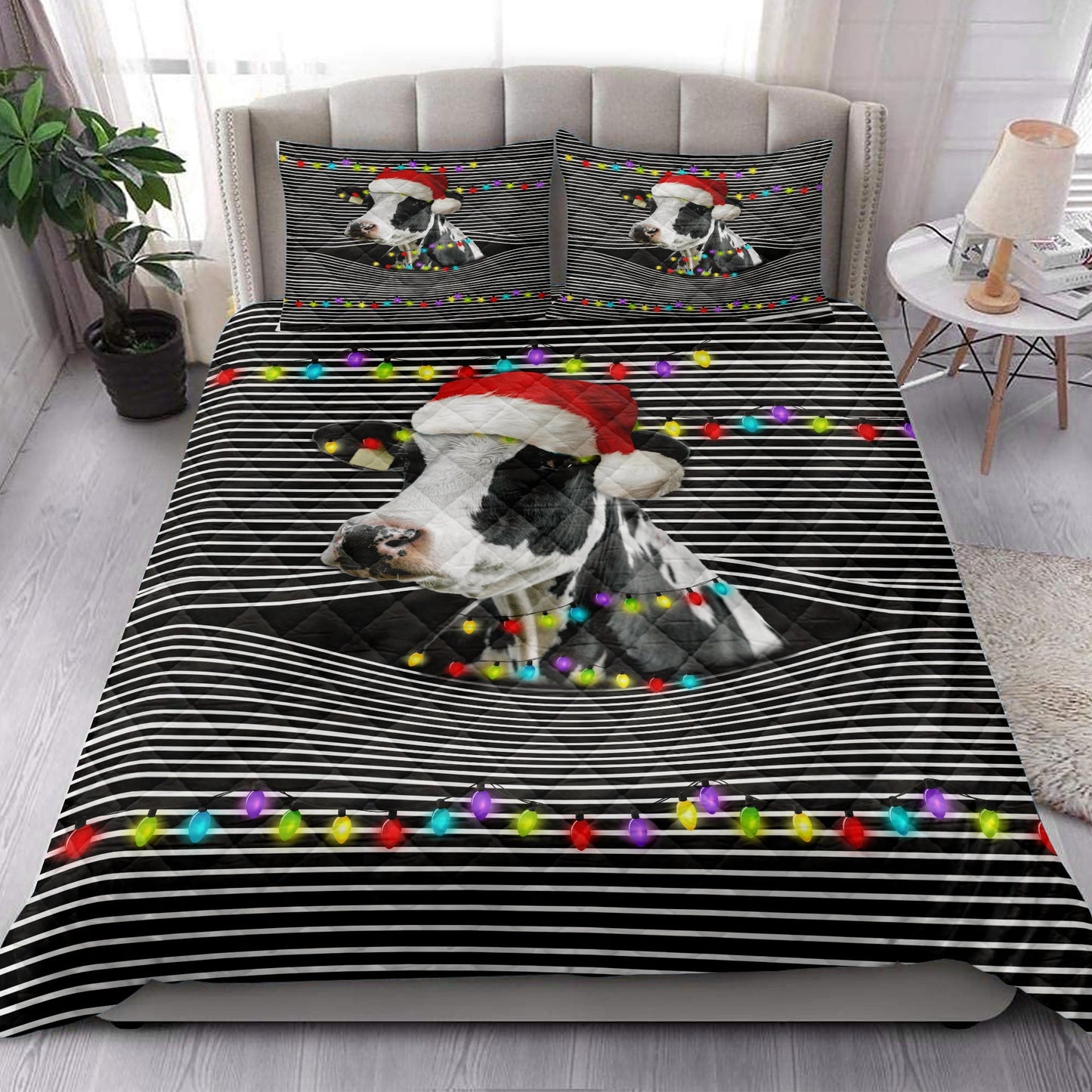 Cow Quilt Set, Funny Cow Withmas Hat String Light Xmas Winter Holiday Quilt Blanket With Pillowcases, Quilt Bedding Set, Christmas Gift