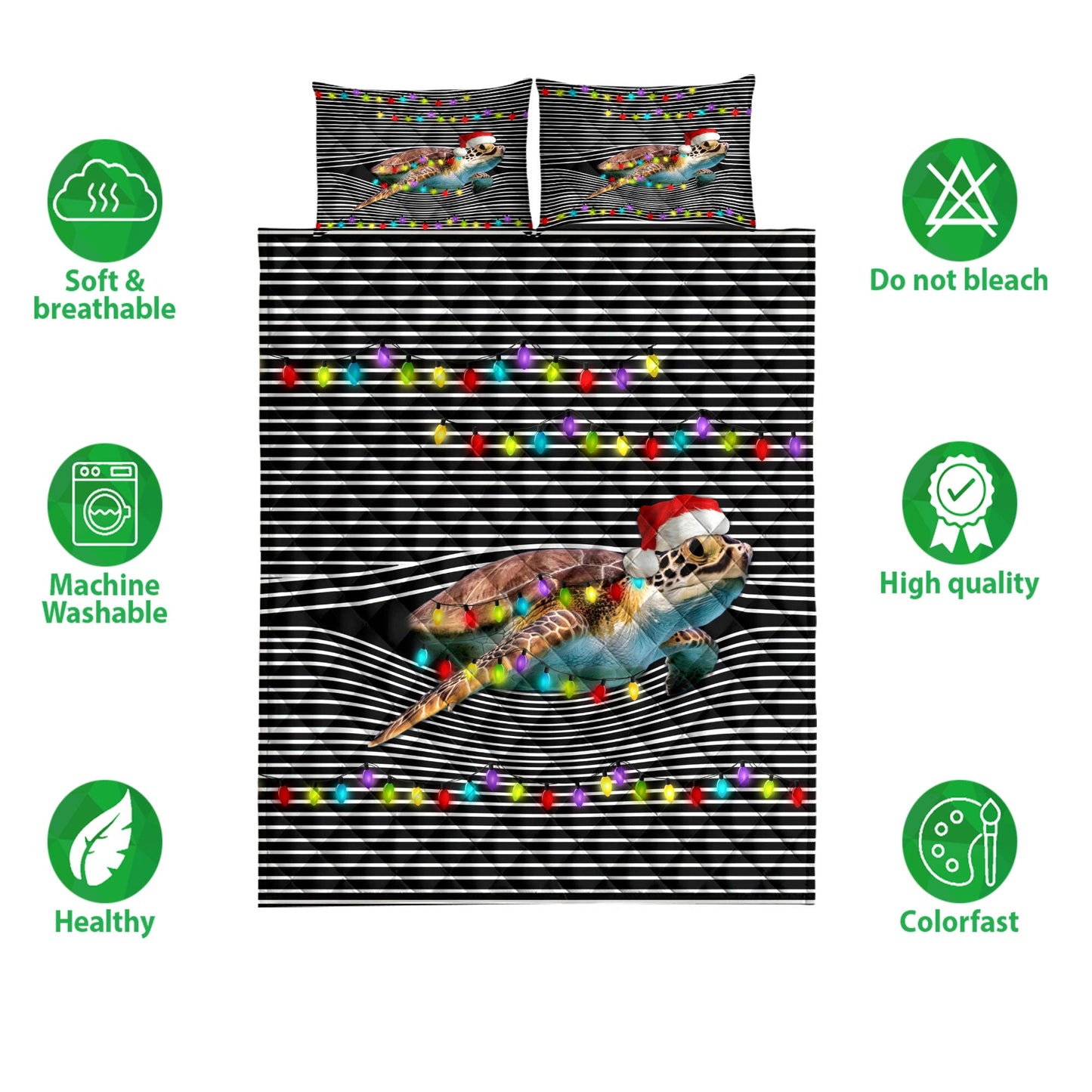 Turtle Quilt Set, Funny Turtle Withmas Hat String Light Xmas Winter Holiday Quilt Blanket With Pillowcases, Quilt Bedding Set, Christmas Gift