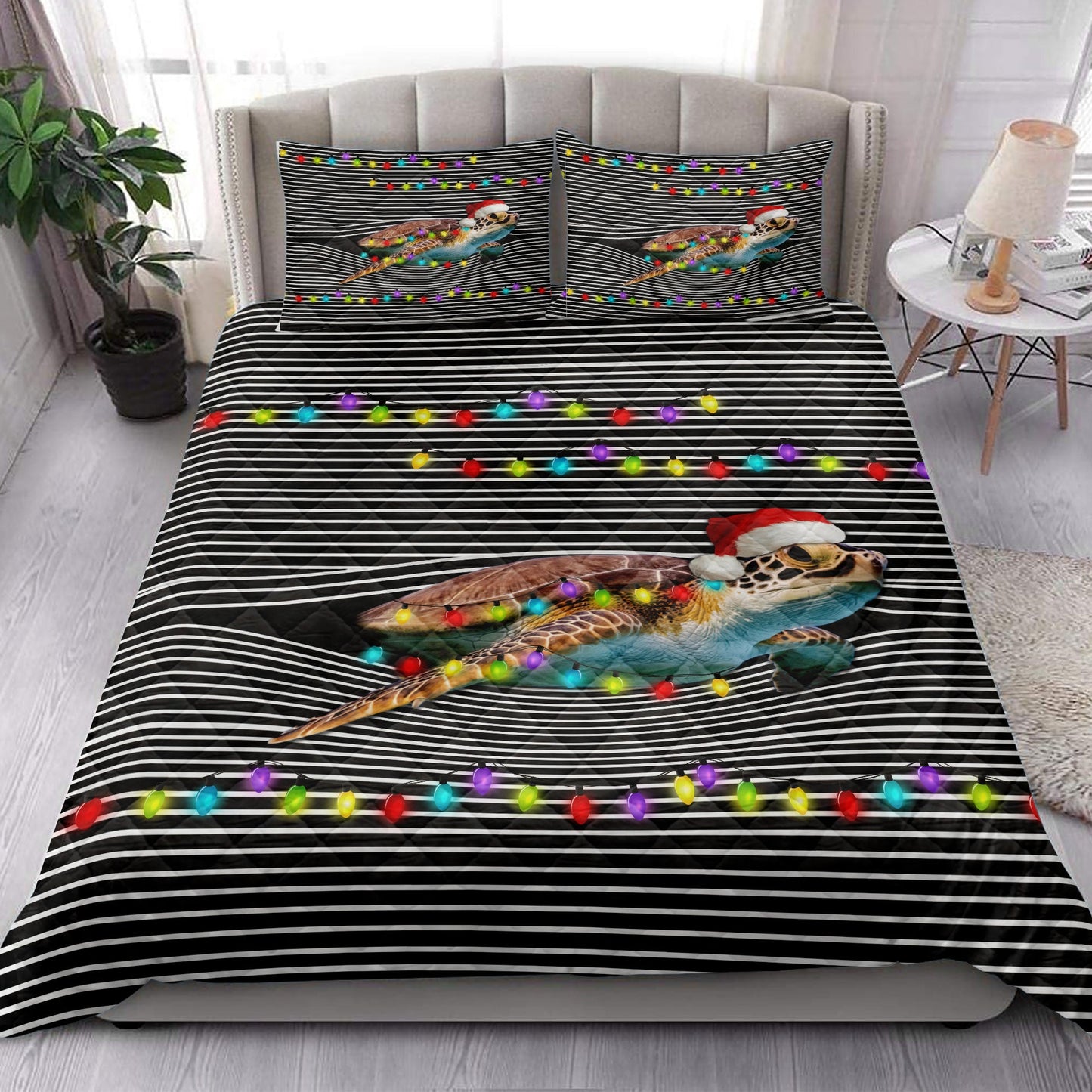 Turtle Quilt Set, Funny Turtle Withmas Hat String Light Xmas Winter Holiday Quilt Blanket With Pillowcases, Quilt Bedding Set, Christmas Gift