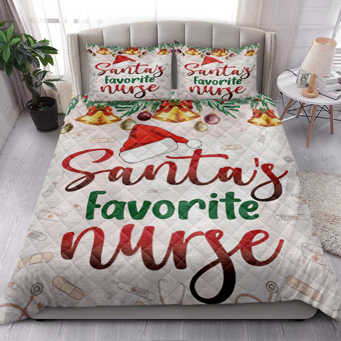 Nurse Quilt Set, Nursemas Santa Favorite Nurse Holly Berry Bell Quilt Blanket With Pillowcases, Quilt Bedding Set, Christmas Gift