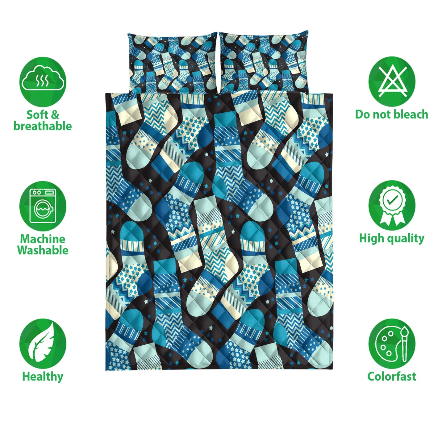Christmas Quilt Set, Christmas Green Stocking Snowflakes Winter Holidaymass Quilt Blanket With Pillowcases, Quilt Bedding Set, Christmas Gift