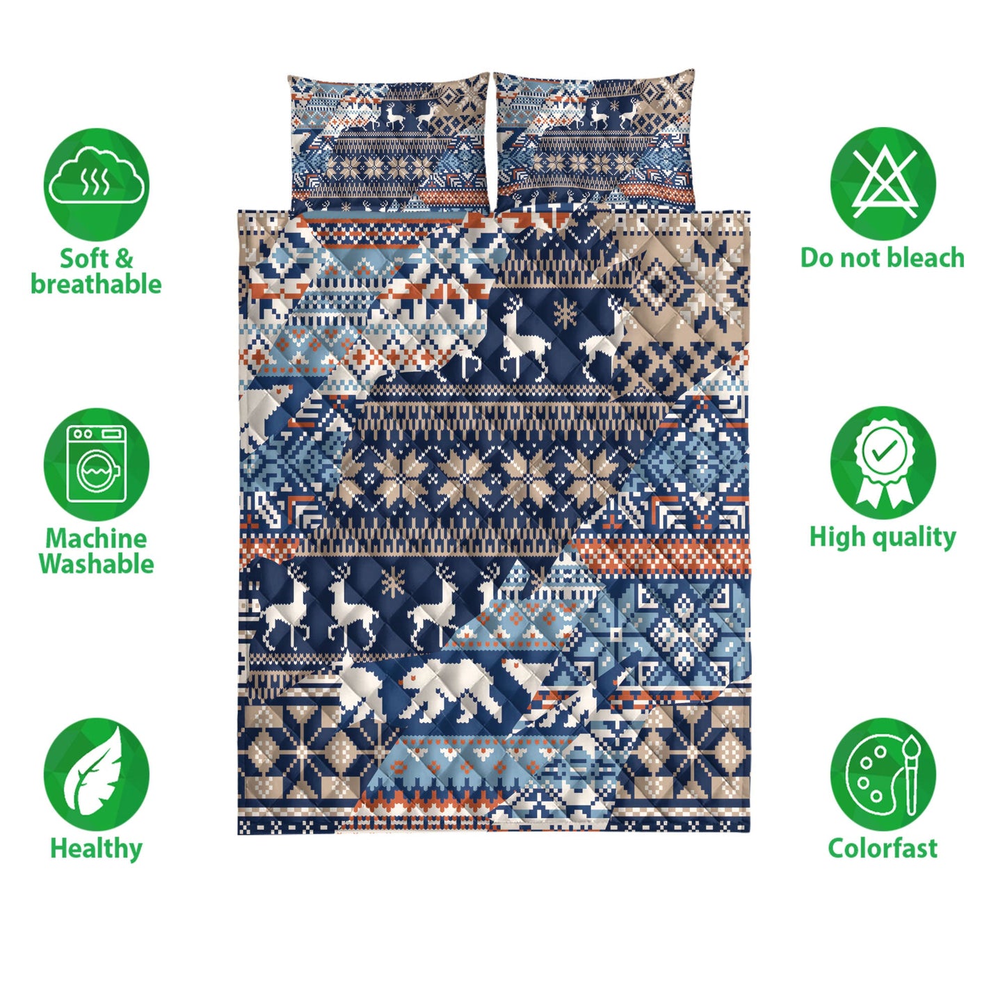 Christmas Quilt Set, Winter Nordic Style Abstract Jacquard Seamless Patchwork Quilt Blanket With Pillowcases, Quilt Bedding Set