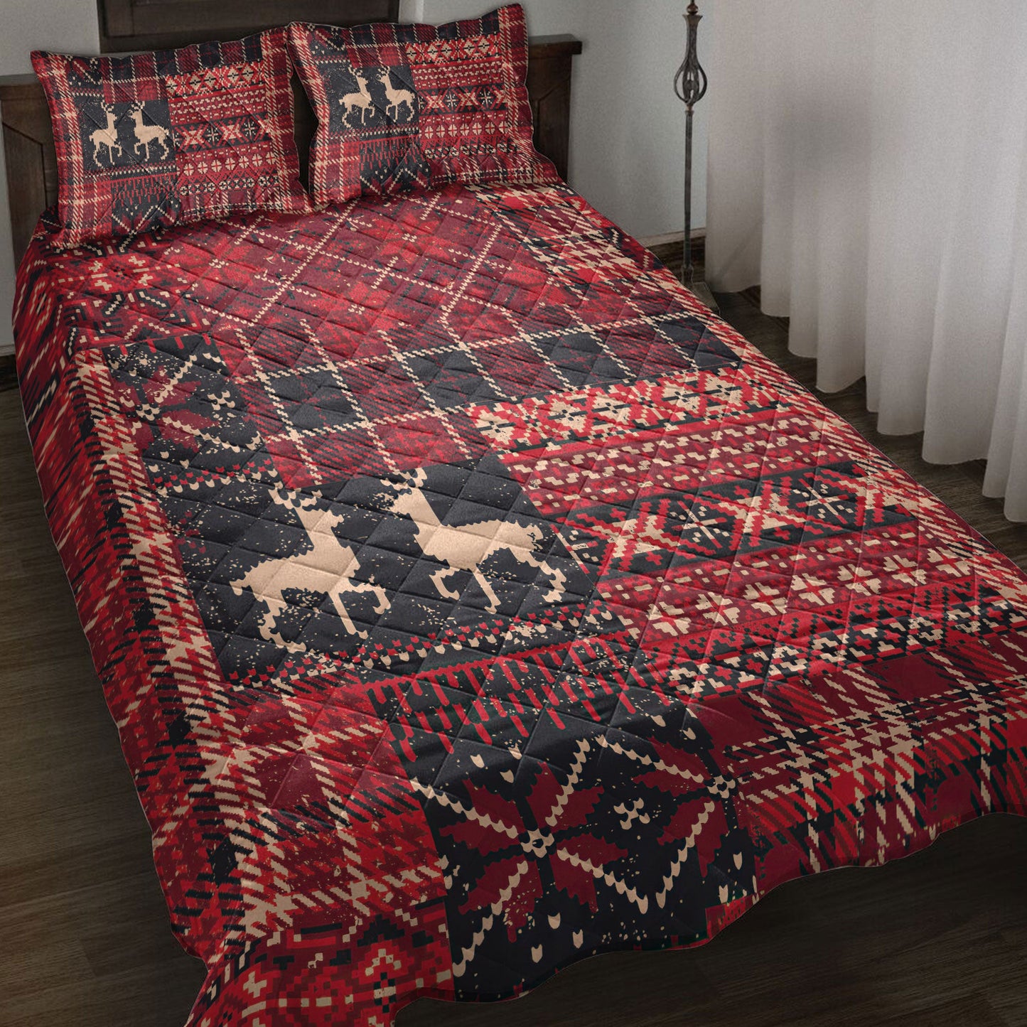 Christmas Quilt Set, Christmas Elk Winter Nordic Abstract Jacquard Patchwork Quilt Blanket With Pillowcases, Quilt Bedding Set, Christmas Gift