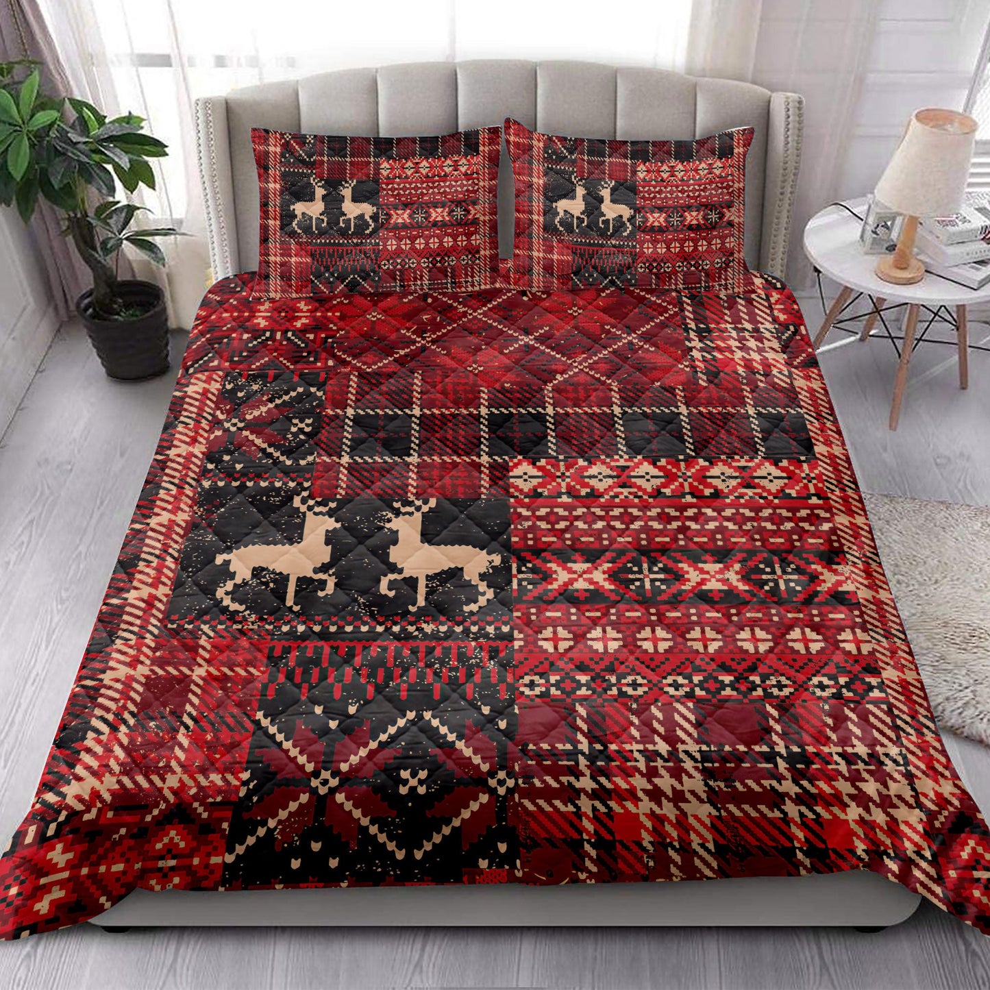 Christmas Quilt Set, Christmas Elk Winter Nordic Abstract Jacquard Patchwork Quilt Blanket With Pillowcases, Quilt Bedding Set, Christmas Gift