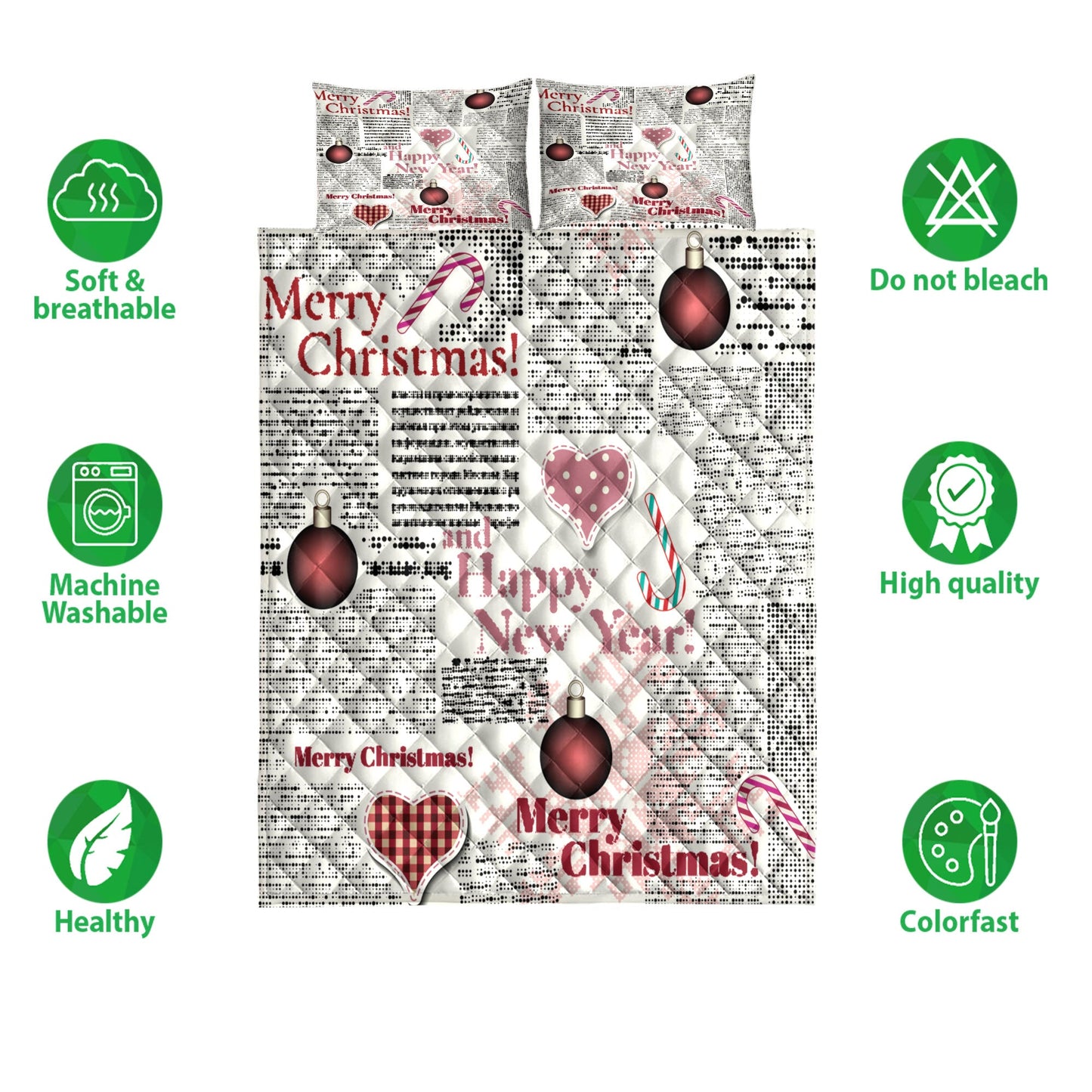 Christmas Quilt Set, Merrymas Happy New Year Newspapermas Quilt Blanket With Pillowcases, Quilt Bedding Set, Christmas Gift