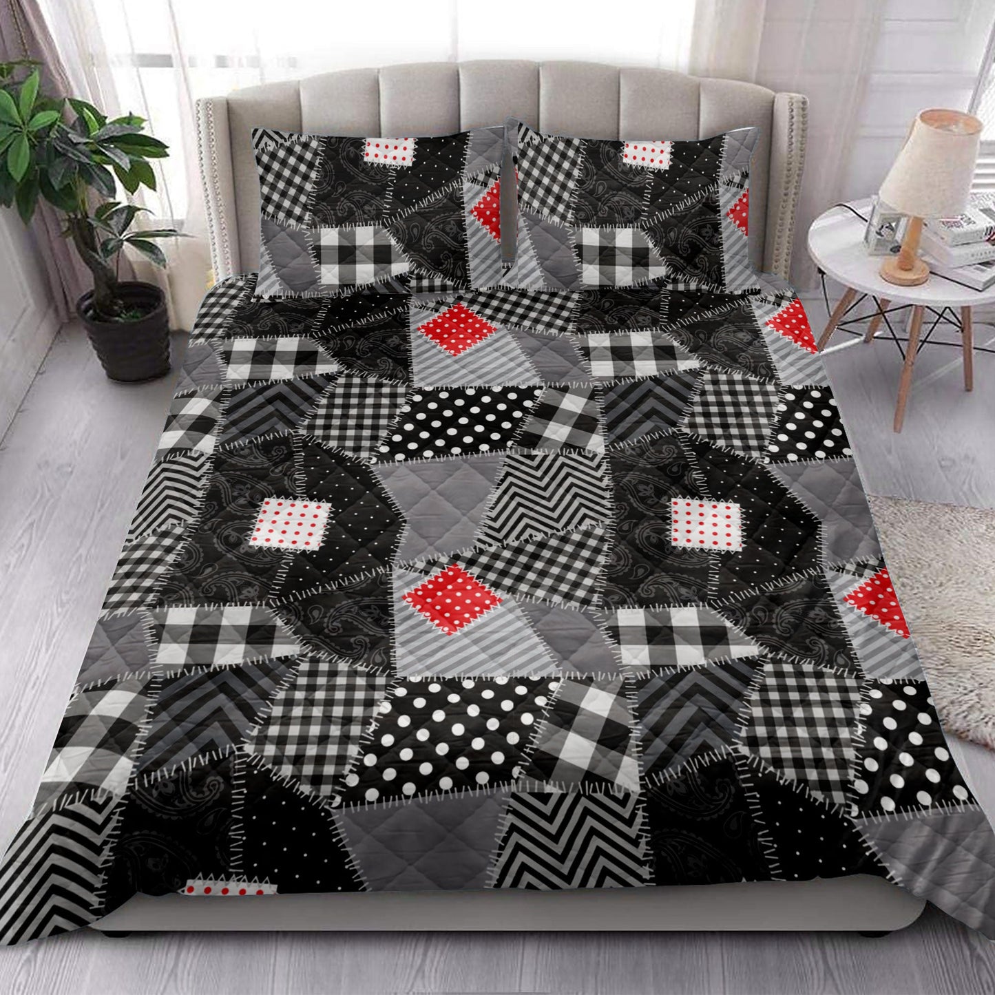 Christmas Quilt Set, Christmas Patchwork Buffalo Plaid Black And Whitemass Quilt Blanket With Pillowcases, Quilt Bedding Set, Christmas Gift