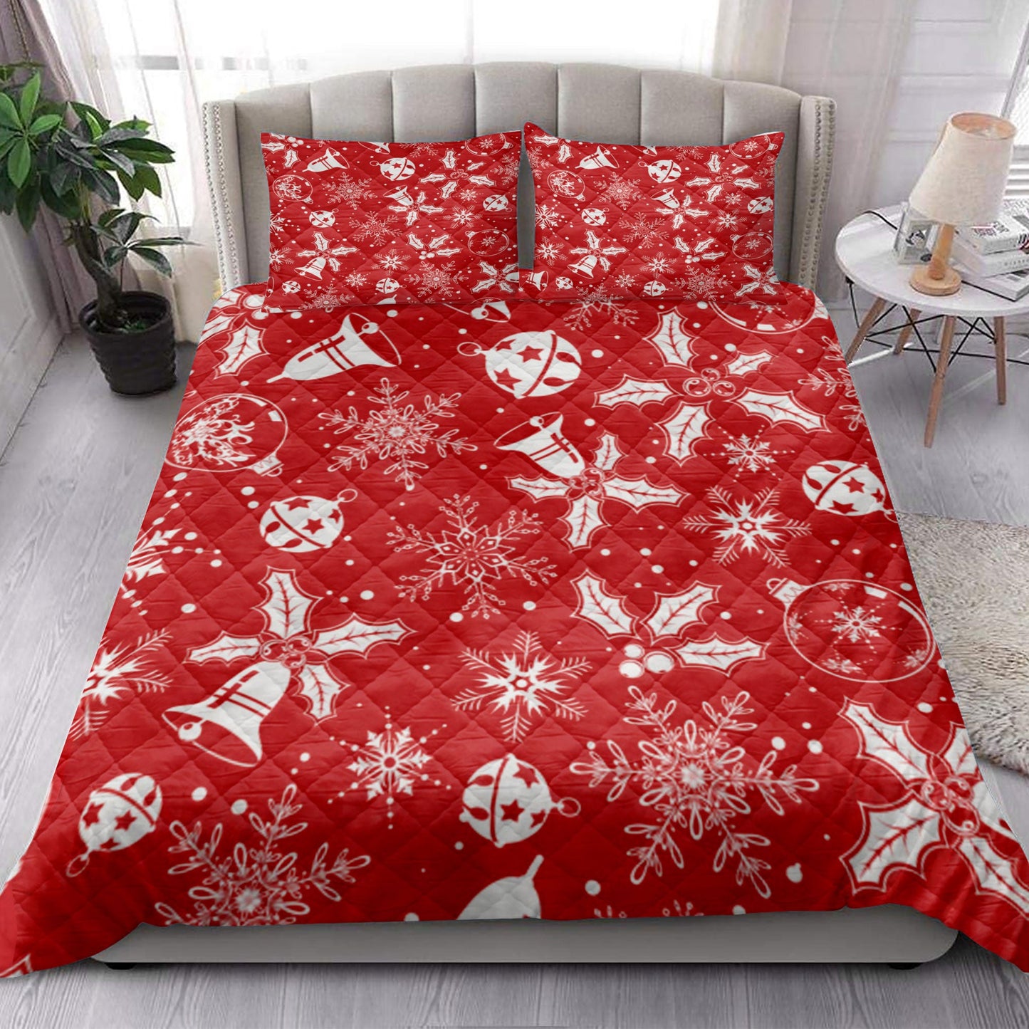 Christmas Quilt Set, Christmas With Snowflake Mistletoe Bell Redmass Quilt Blanket With Pillowcases, Quilt Bedding Set, Christmas Gift
