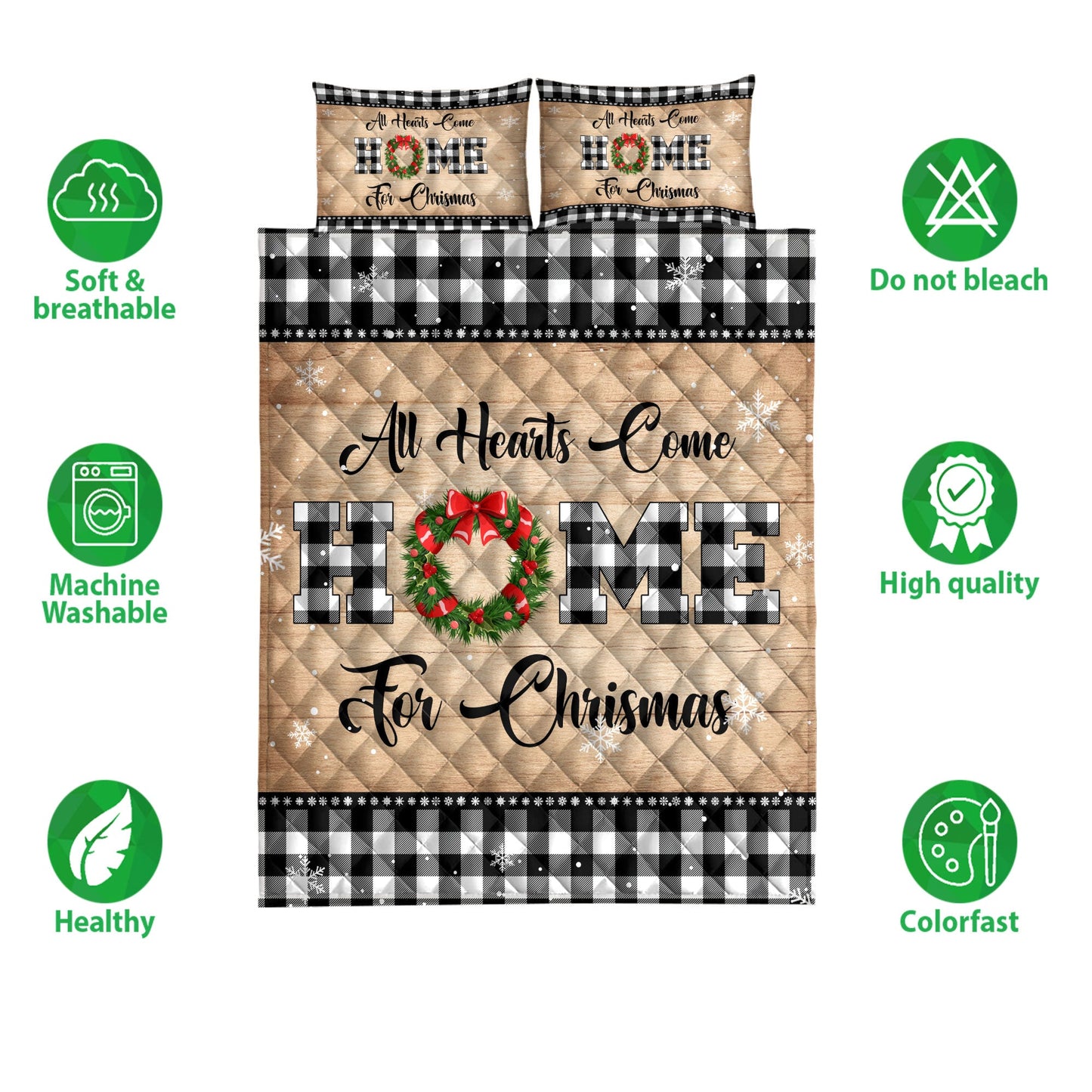 Christmas Quilt Set, All Hearts Come Homemas Wreath Snowflake Buffalo Plaid Quilt Blanket With Pillowcases, Quilt Bedding Set, Christmas Gift