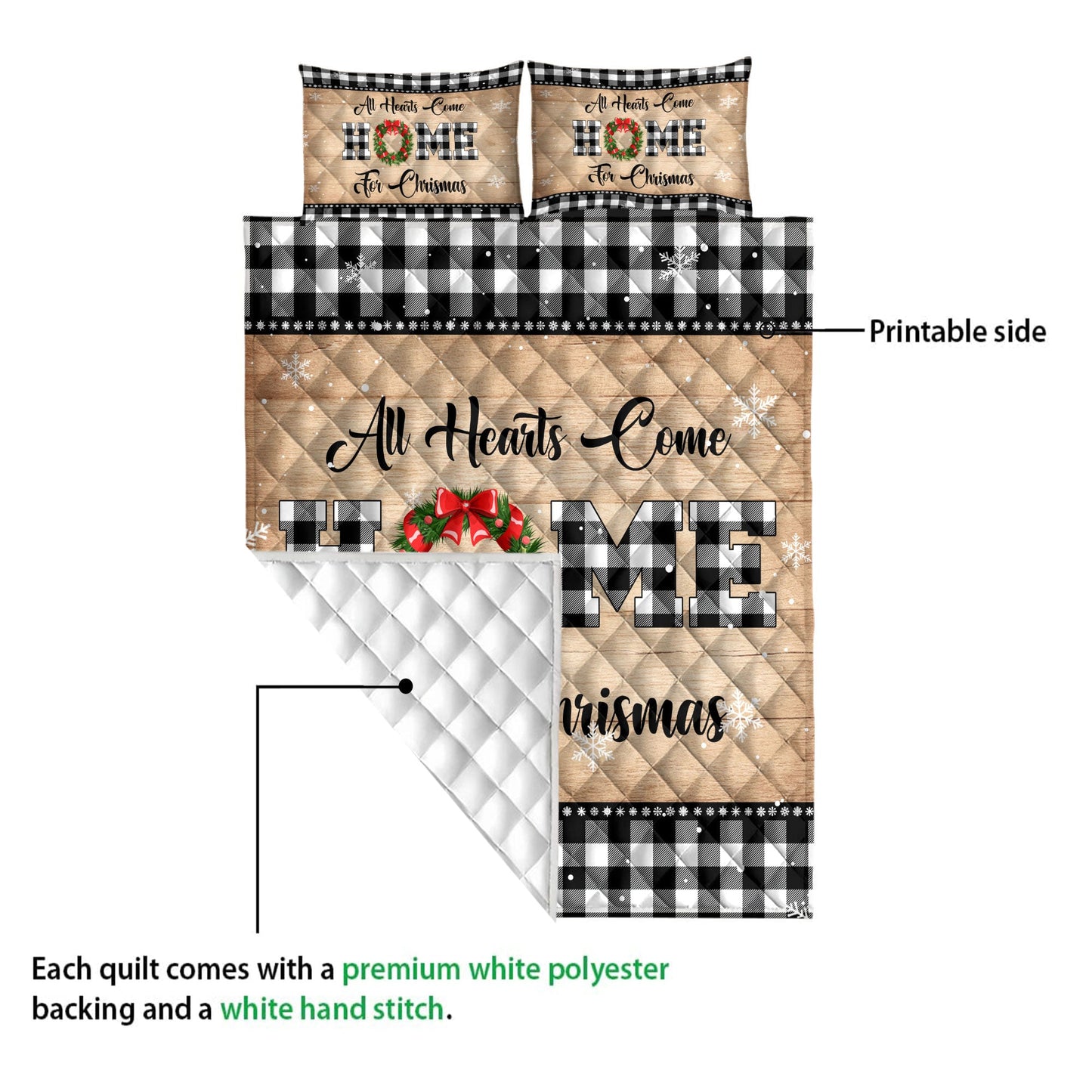 Christmas Quilt Set, All Hearts Come Homemas Wreath Snowflake Buffalo Plaid Quilt Blanket With Pillowcases, Quilt Bedding Set, Christmas Gift