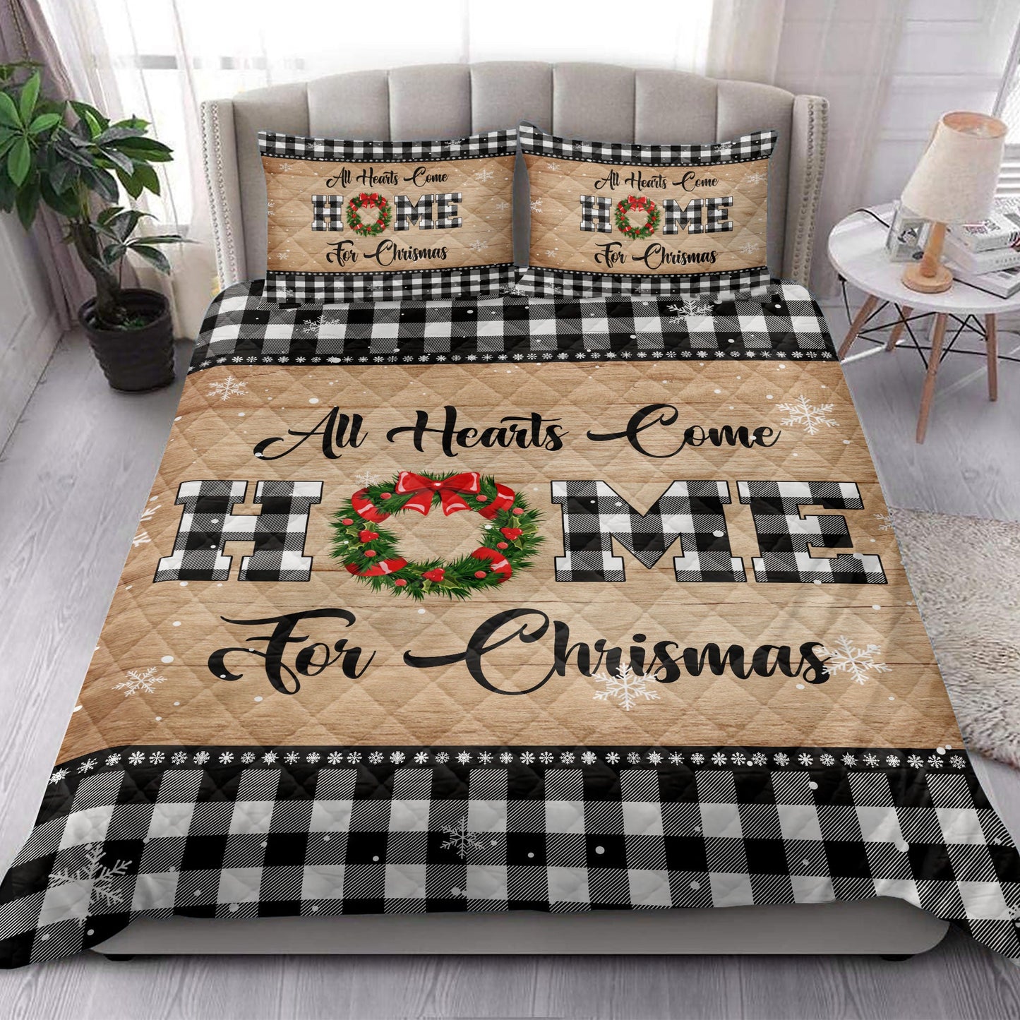 Christmas Quilt Set, All Hearts Come Homemas Wreath Snowflake Buffalo Plaid Quilt Blanket With Pillowcases, Quilt Bedding Set, Christmas Gift