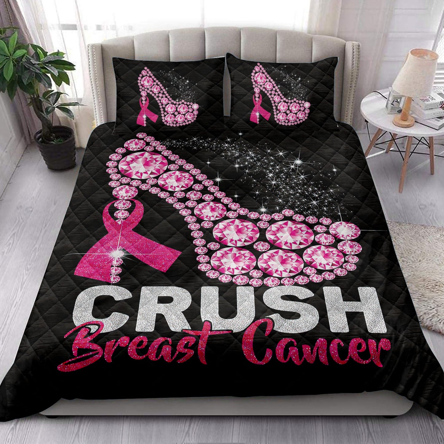 Breast Cancer Quilt Set, Cr Ush Breast Cancer Sparkle High Heel Quilt Blanket With Pillowcases, Quilt Bedding Set