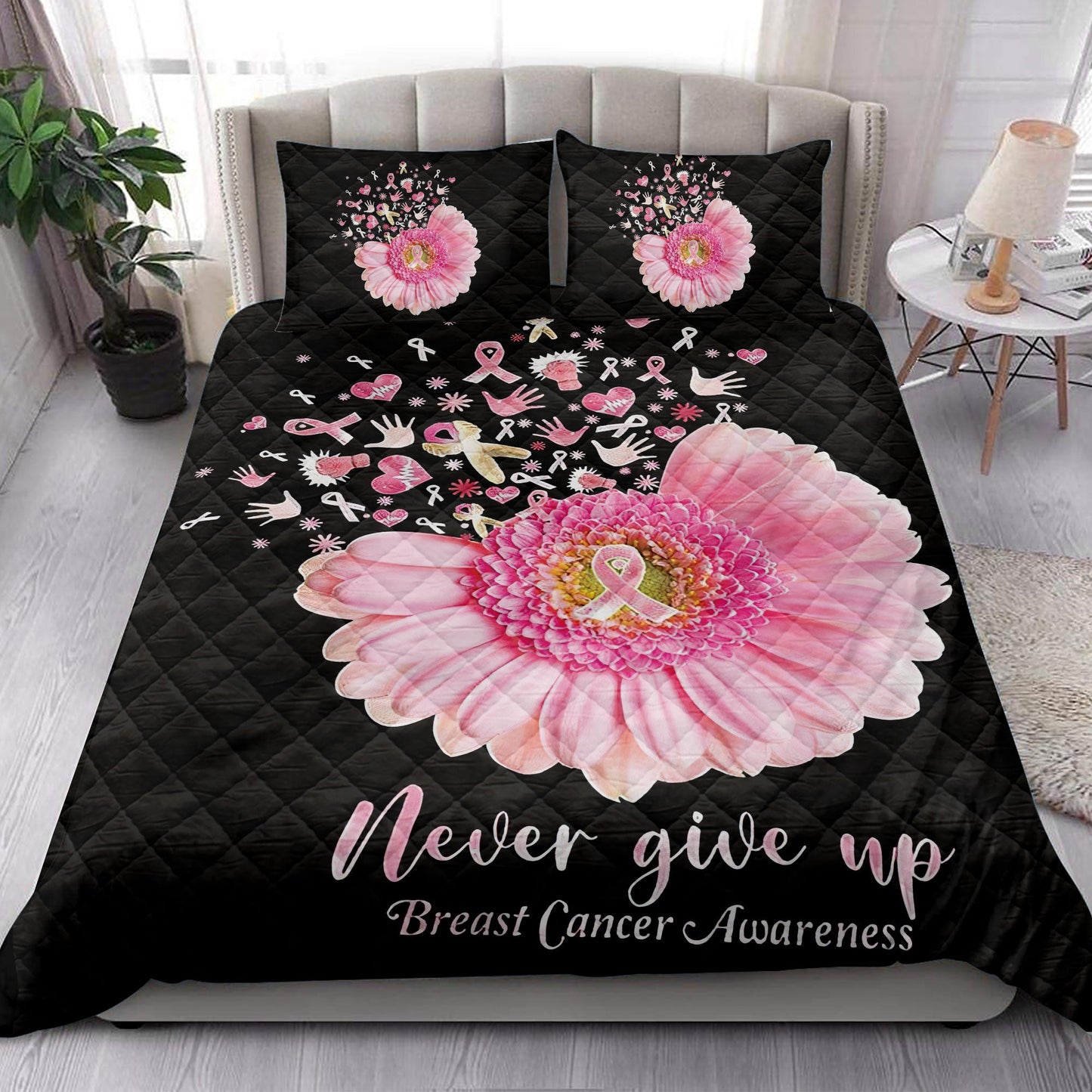 Breast Cancer Quilt Set, Breast Cancer Awareness Never Give Up Quilt Blanket With Pillowcases, Quilt Bedding Set