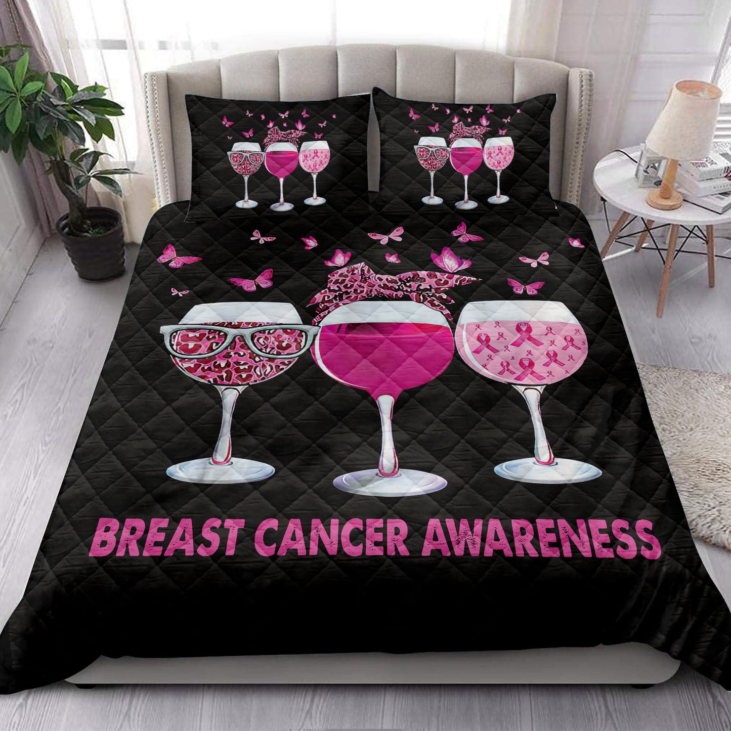 Breast Cancer Quilt Set, Breast Cancer Awareness Goblets Quilt Blanket With Pillowcases, Quilt Bedding Set