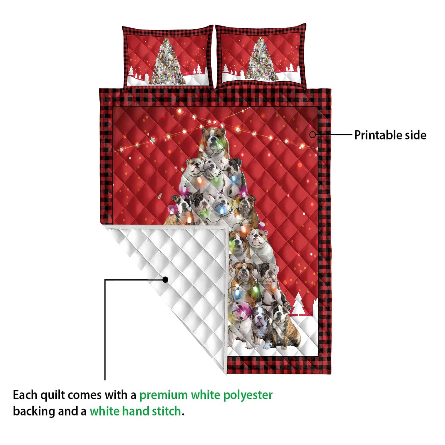 Bulldog Quilt Set, Bulldogmas Noel Xmas Tree Dog Quilt Blanket With Pillowcases, Quilt Bedding Set, Christmas Gift