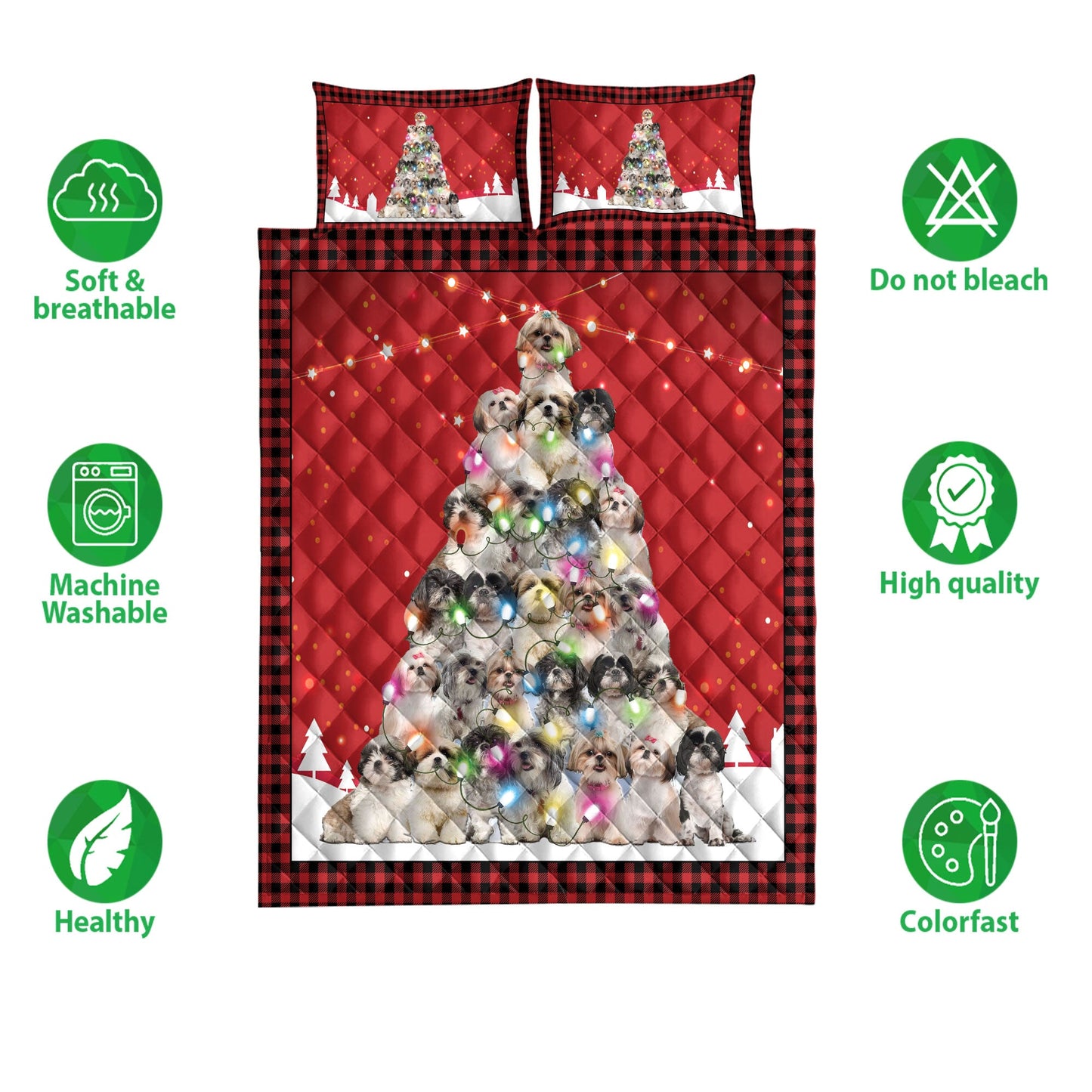 Shih Tzu Quilt Set, Shih Tzumas Noel Xmas Tree Dog Quilt Blanket With Pillowcases, Quilt Bedding Set, Christmas Gift