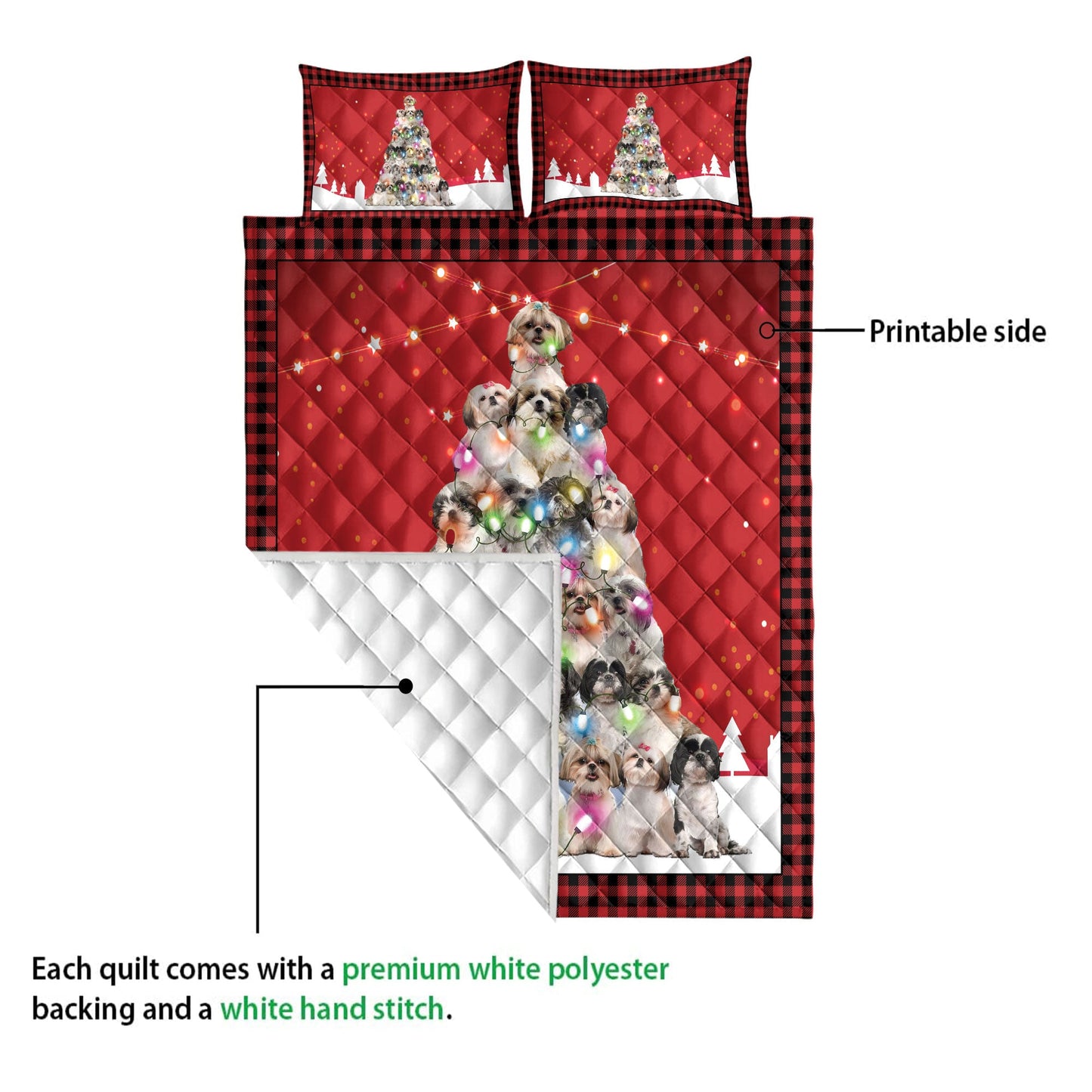 Shih Tzu Quilt Set, Shih Tzumas Noel Xmas Tree Dog Quilt Blanket With Pillowcases, Quilt Bedding Set, Christmas Gift